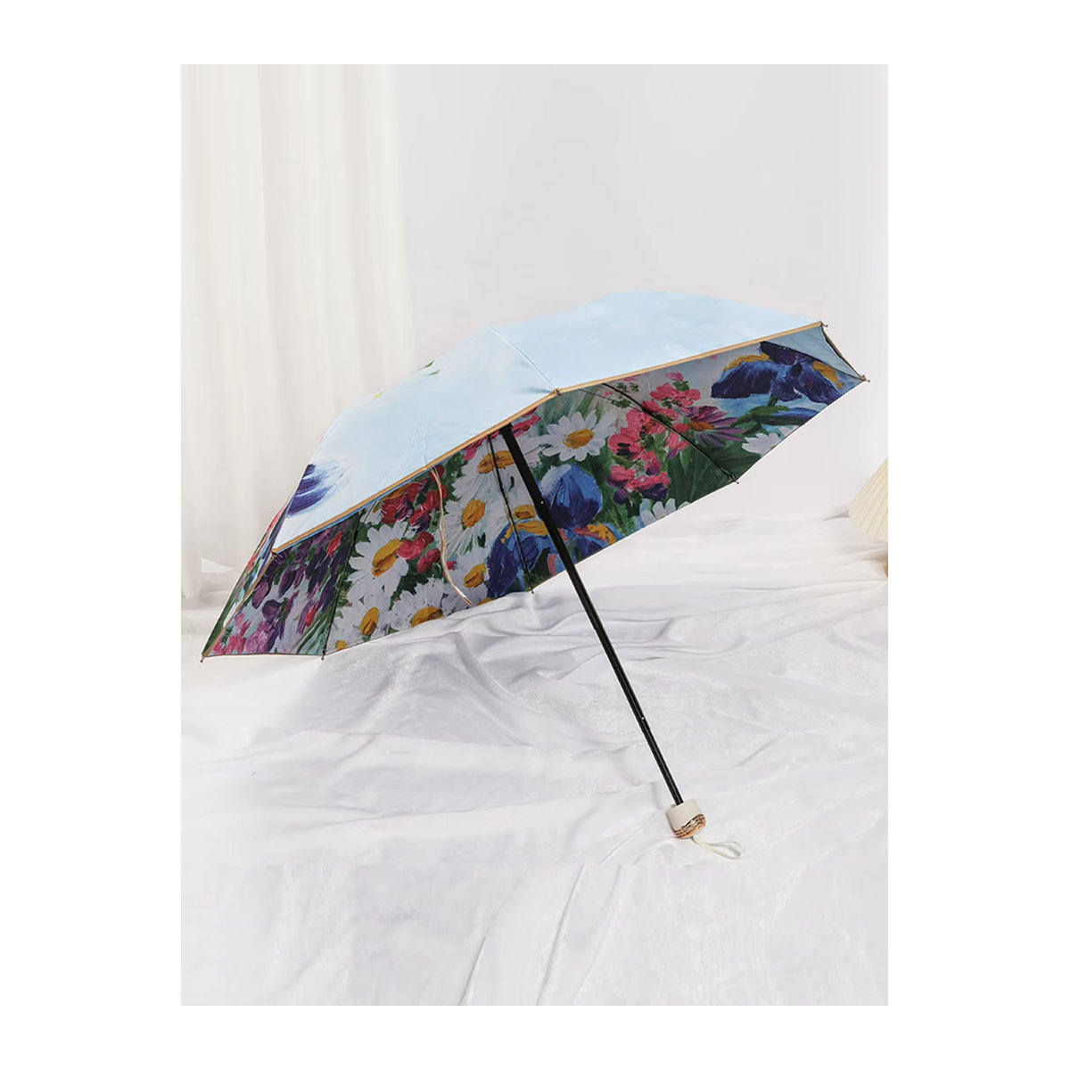 UV-beständiger Damen-Sonnenschirm mit Gänseblümchen-Print, doppellagig für Sonne und Regen, Schwarz - Bild 3