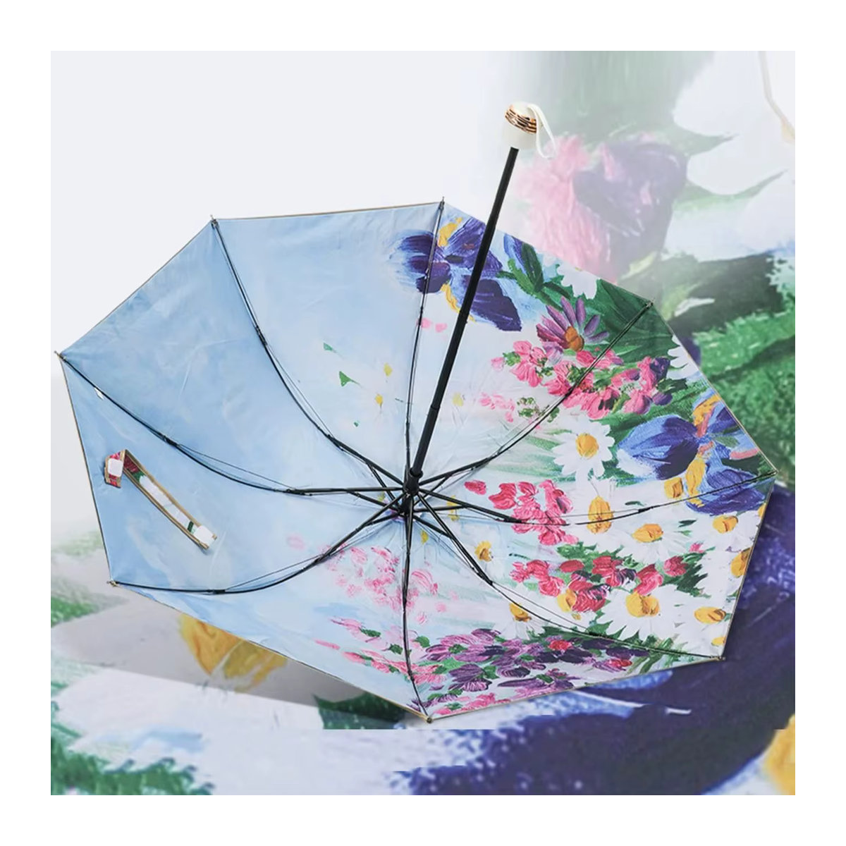 UV-beständiger Damen-Sonnenschirm mit Gänseblümchen-Print, doppellagig für Sonne und Regen, Schwarz - Bild 4