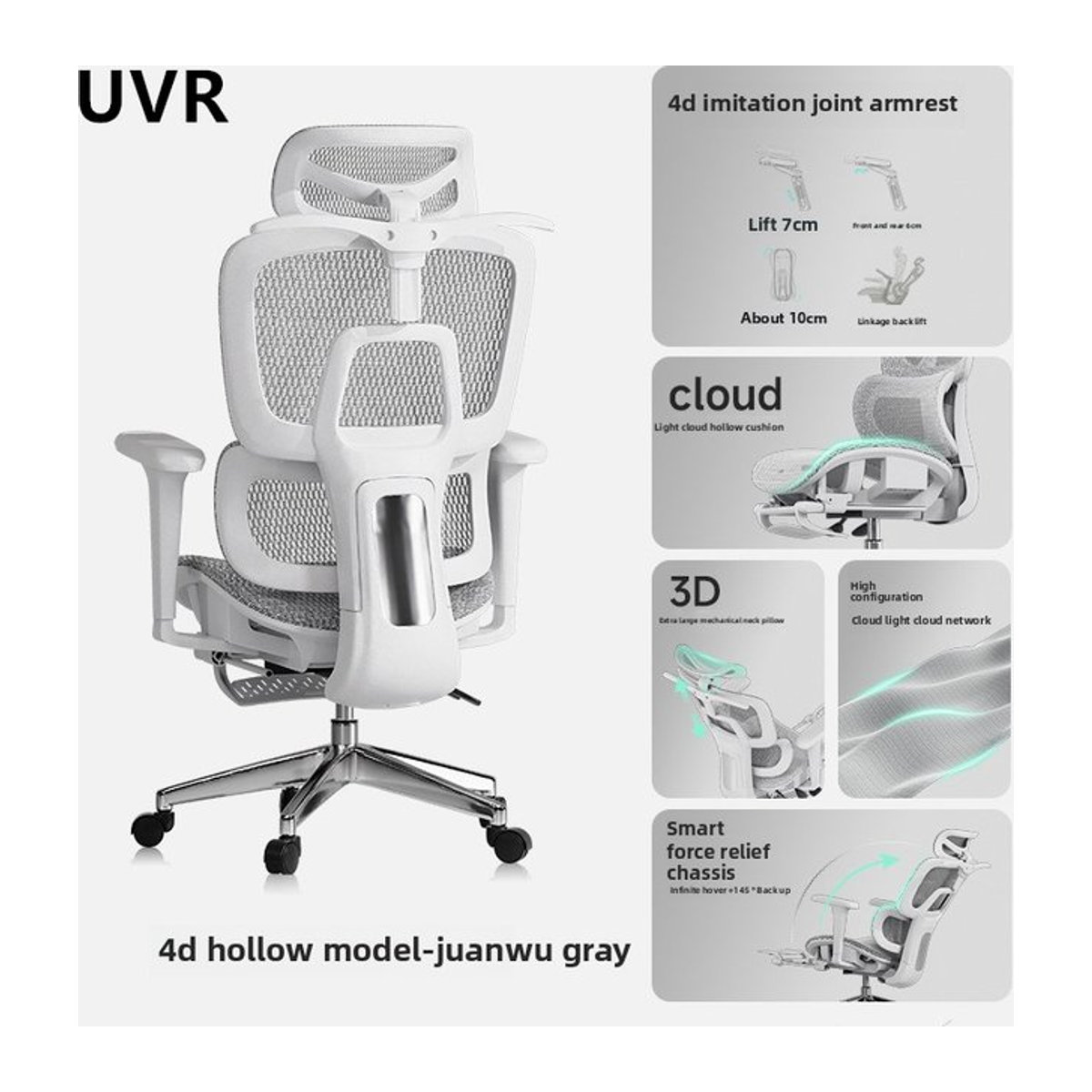 UVR Ergonomischer Mesh-Bürostuhl in Weiß mit verstellbarer Rückenlehne und Fußstütze - Bild 1