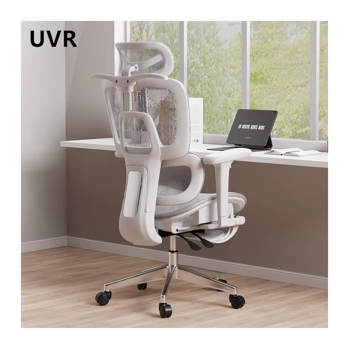 UVR Ergonomischer Mesh-Bürostuhl in Weiß mit verstellbarer Rückenlehne und Fußstütze - Bild 2