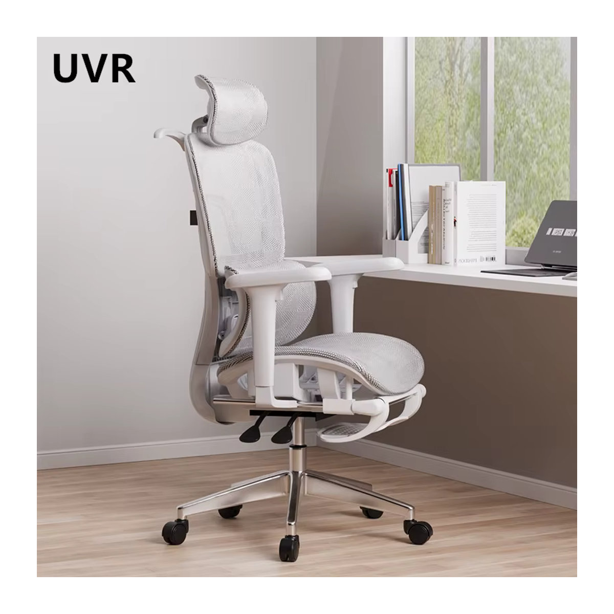 UVR Ergonomischer Mesh-Bürostuhl in Weiß mit verstellbarer Rückenlehne und Fußstütze - Bild 3