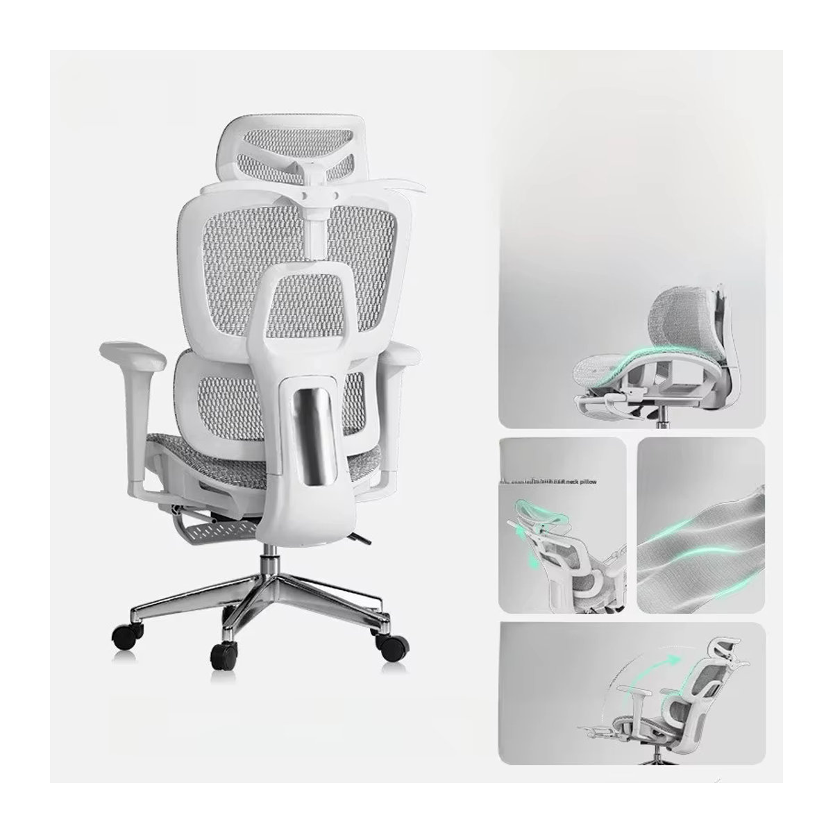 UVR Ergonomischer Mesh-Bürostuhl in Weiß mit verstellbarer Rückenlehne und Fußstütze - Bild 4
