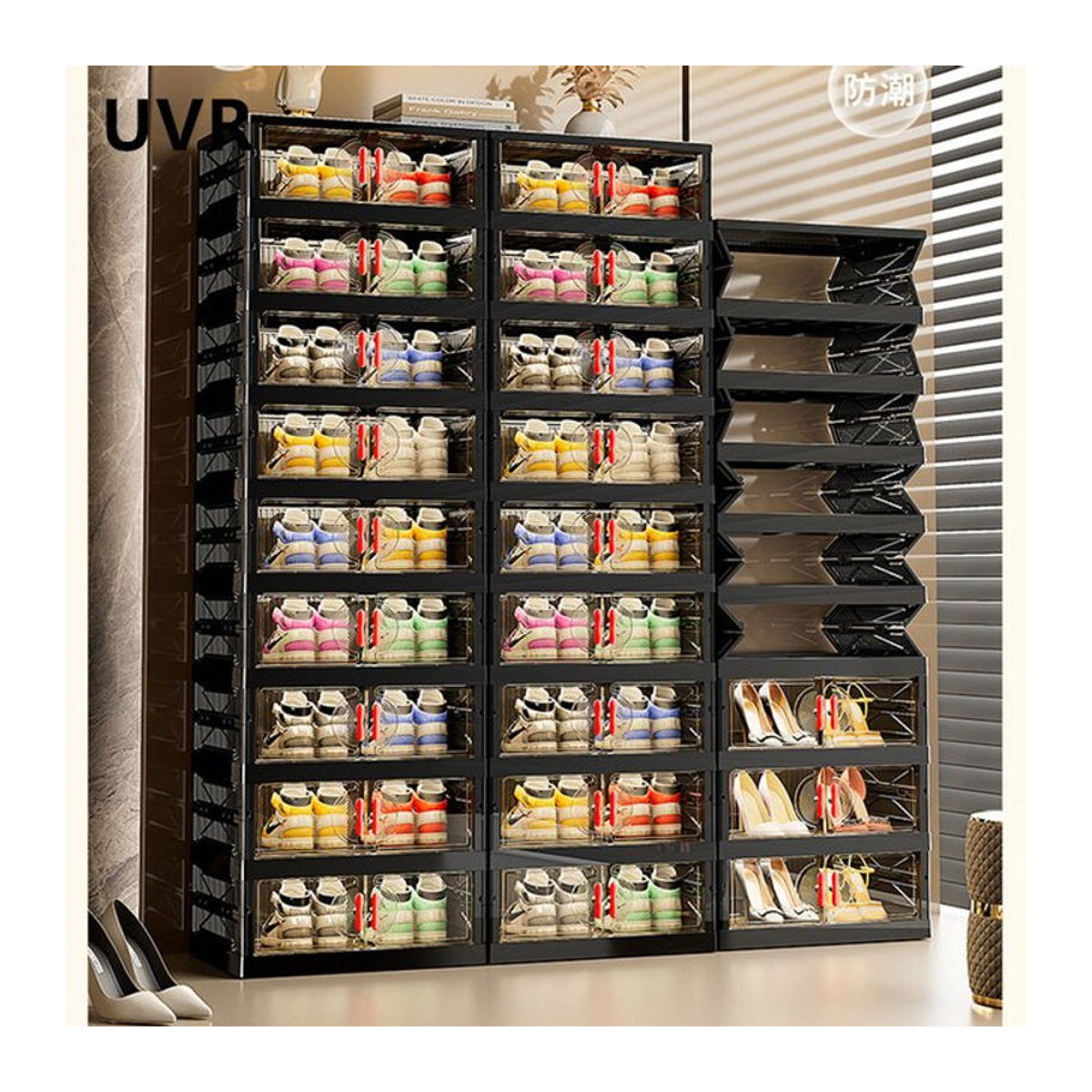 UVR Multifunktionaler Aufbewahrungsschrank in Schwarz, zusammenklappbarer Schuh-Organizer und mehrschichtiges Snack-Regal im minimalistischen Design - Bild 1