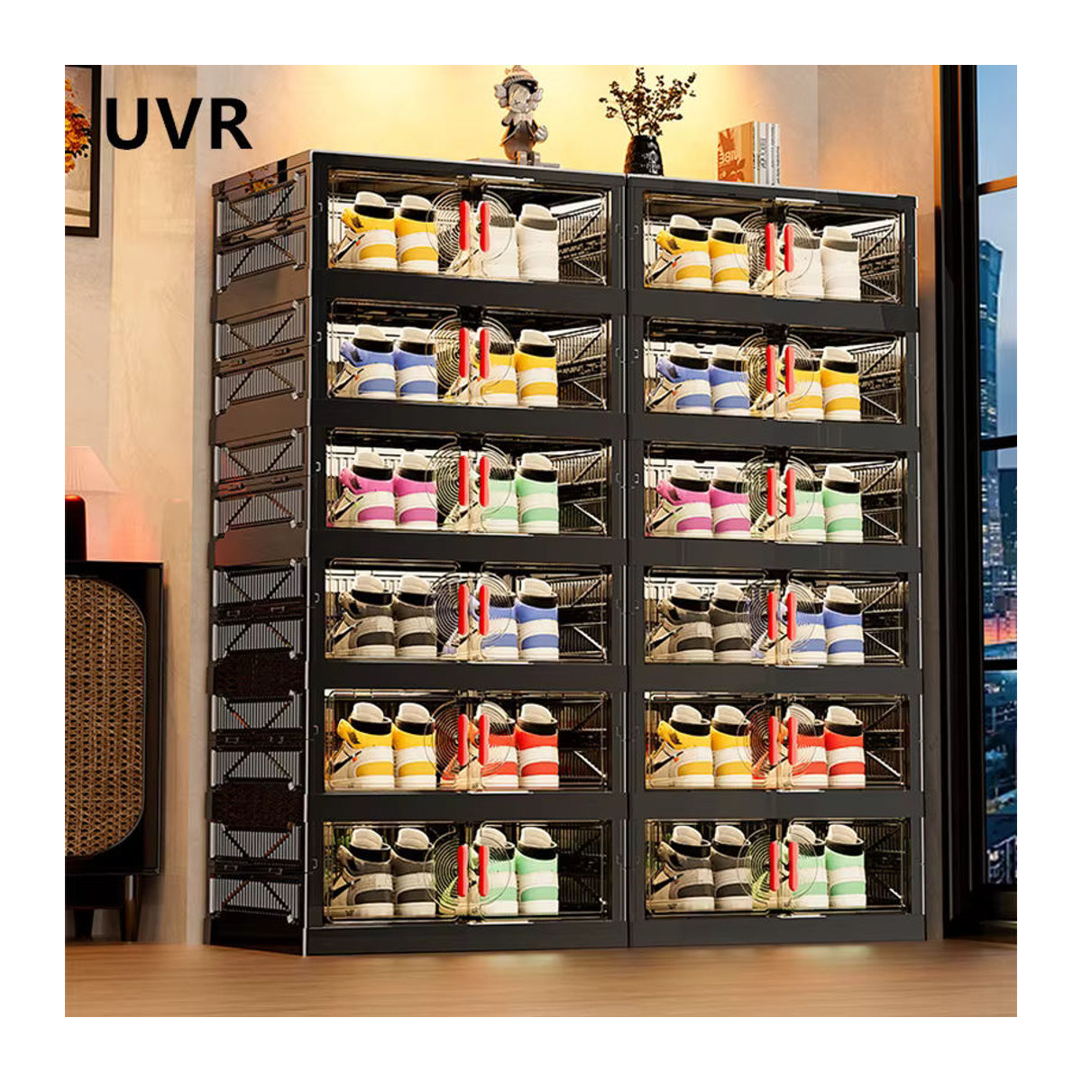 UVR Multifunktionaler Aufbewahrungsschrank in Schwarz, zusammenklappbarer Schuh-Organizer und mehrschichtiges Snack-Regal im minimalistischen Design - Bild 2
