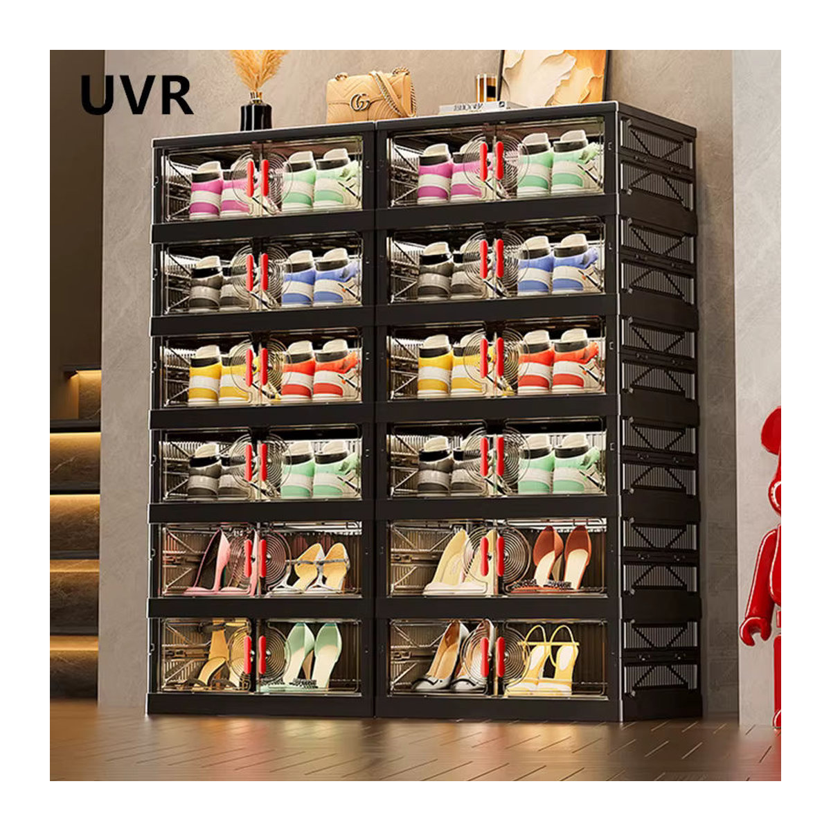 UVR Multifunktionaler Aufbewahrungsschrank in Schwarz, zusammenklappbarer Schuh-Organizer und mehrschichtiges Snack-Regal im minimalistischen Design - Bild 4