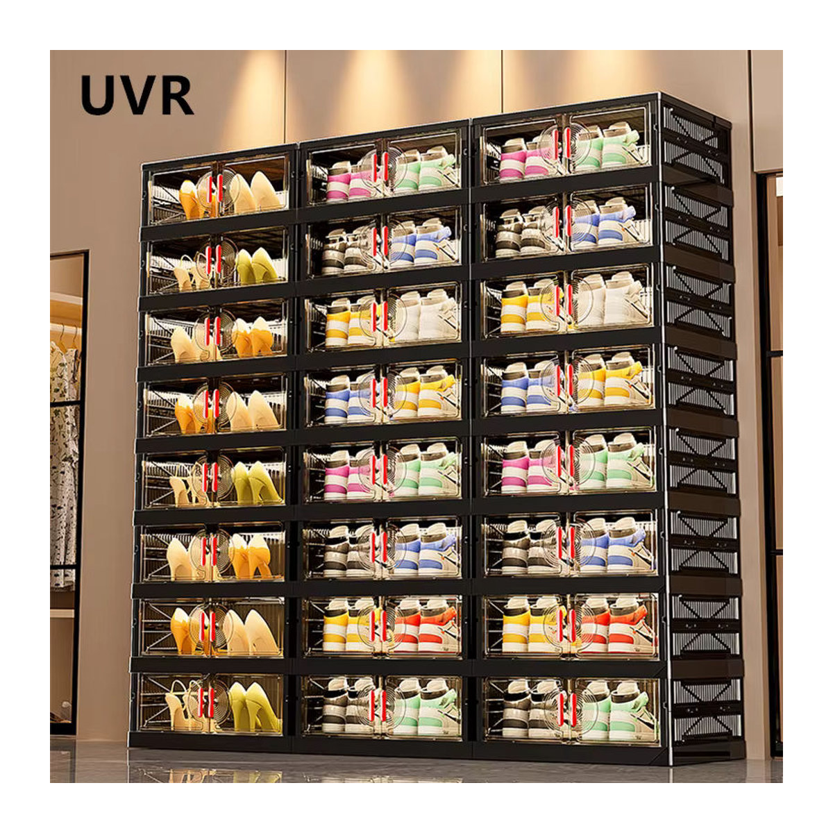 UVR Multifunktionaler Aufbewahrungsschrank in Schwarz, zusammenklappbarer Schuh-Organizer und mehrschichtiges Snack-Regal im minimalistischen Design - Bild 5