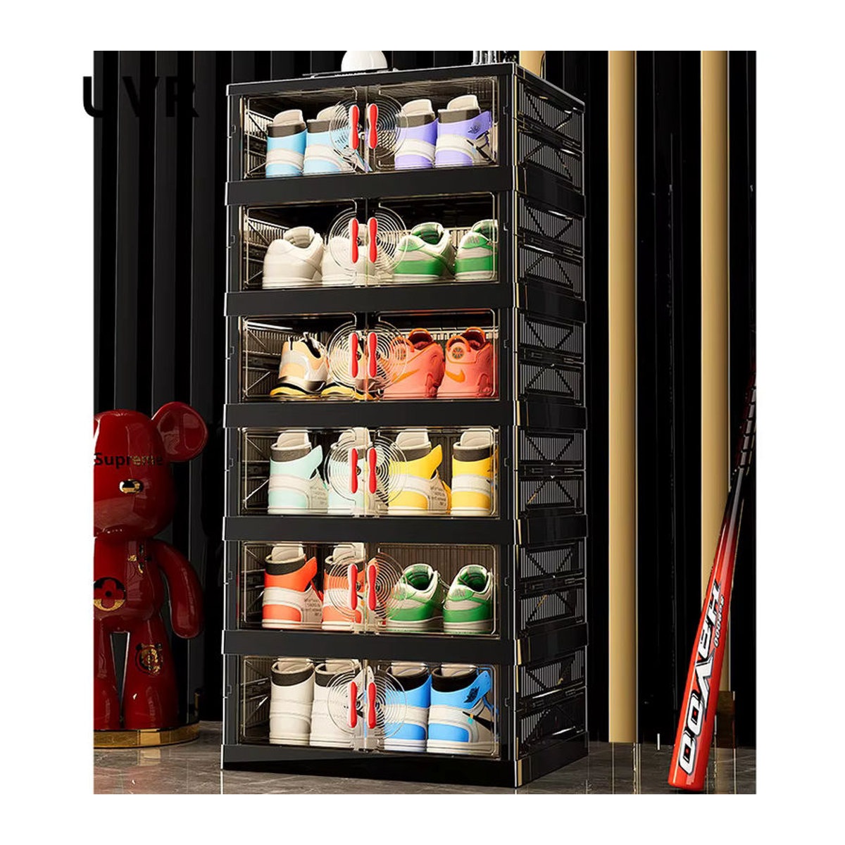 UVR Multifunktionaler Aufbewahrungsschrank in Schwarz, zusammenklappbarer Schuh-Organizer und mehrschichtiges Snack-Regal im minimalistischen Design - Bild 6