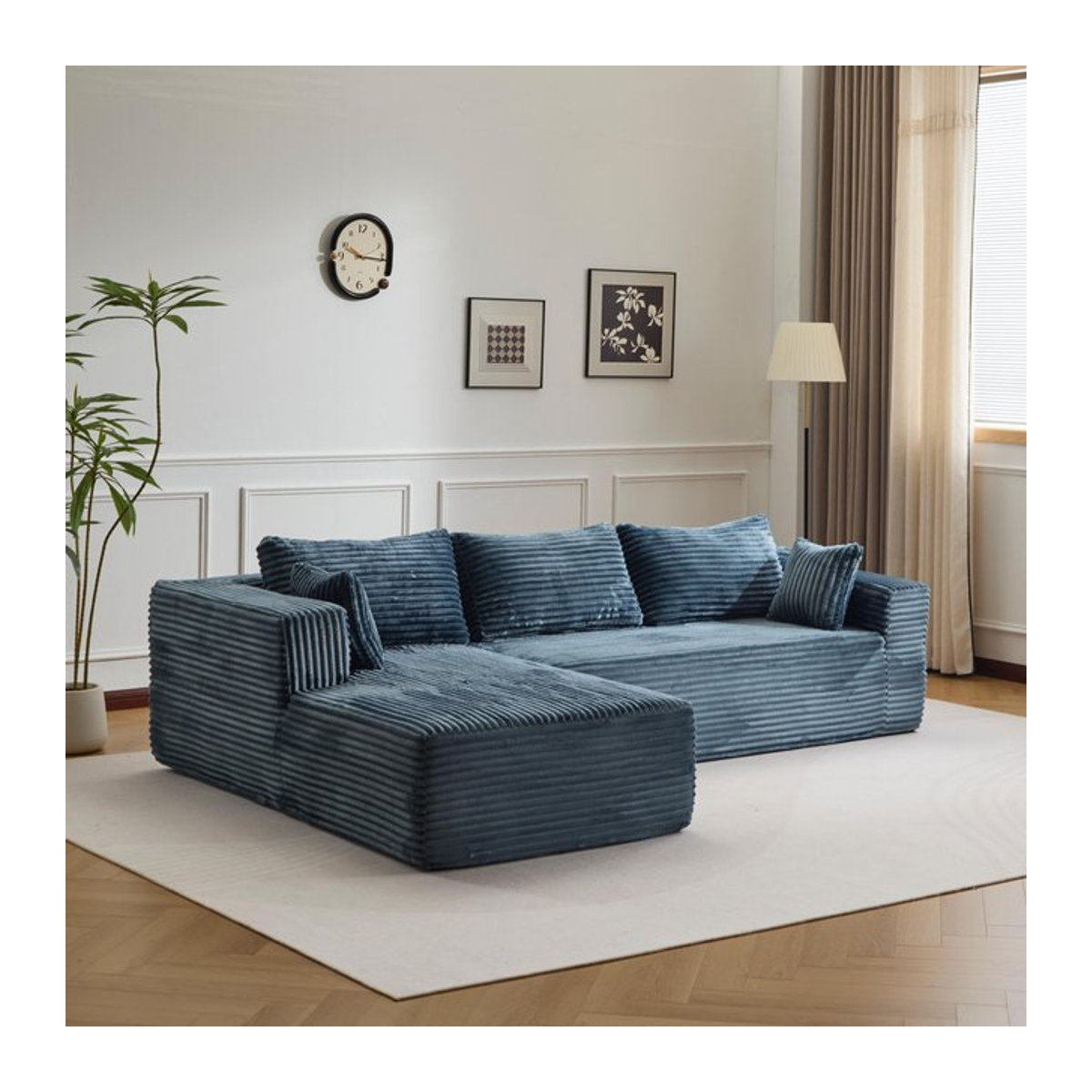 Vankel Modernes 3-Sitzer Cord-Sofa in Blau, L-förmiges Stoffsofa mit Kissen - Bild 1