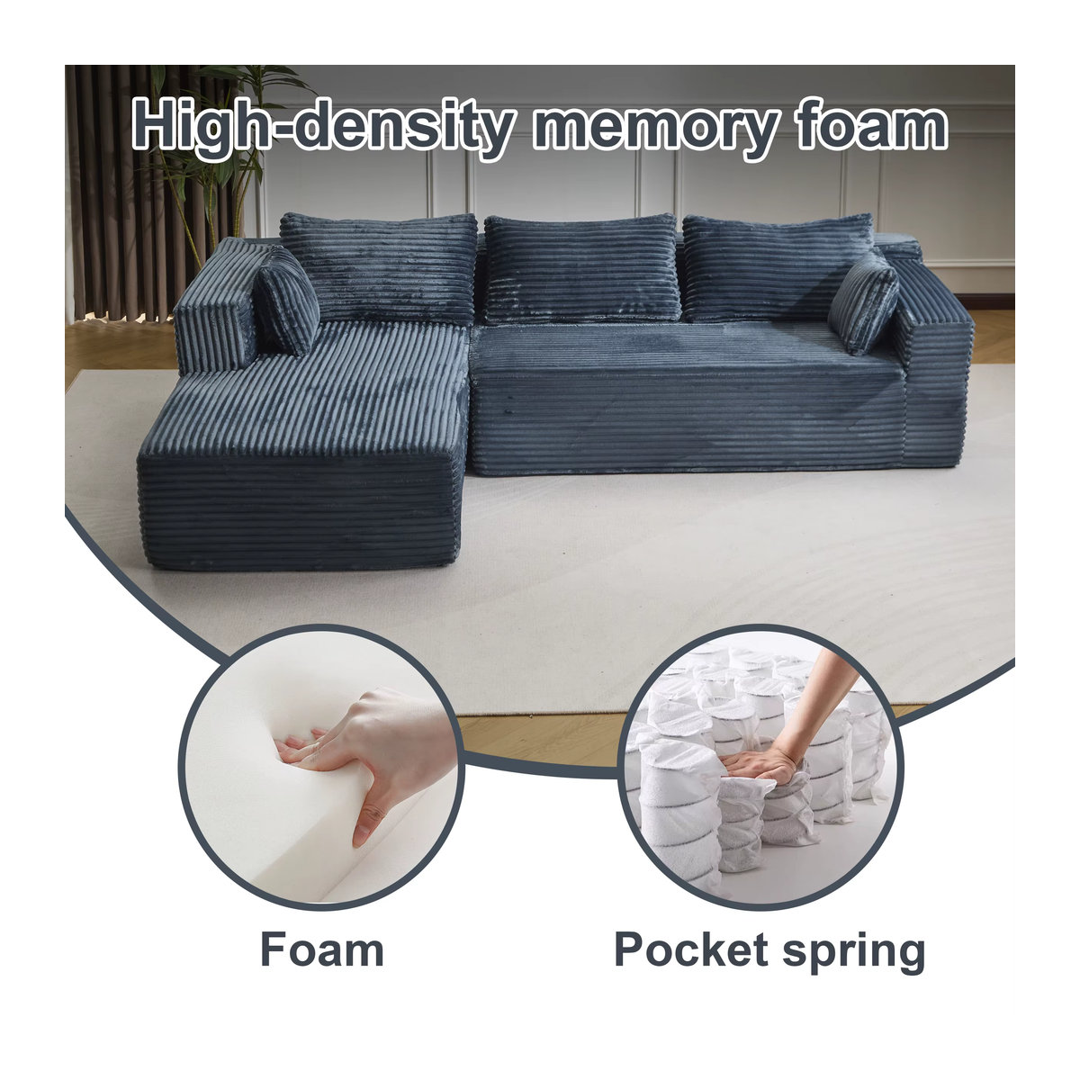 Vankel Modernes 3-Sitzer Cord-Sofa in Blau, L-förmiges Stoffsofa mit Kissen - Bild 2