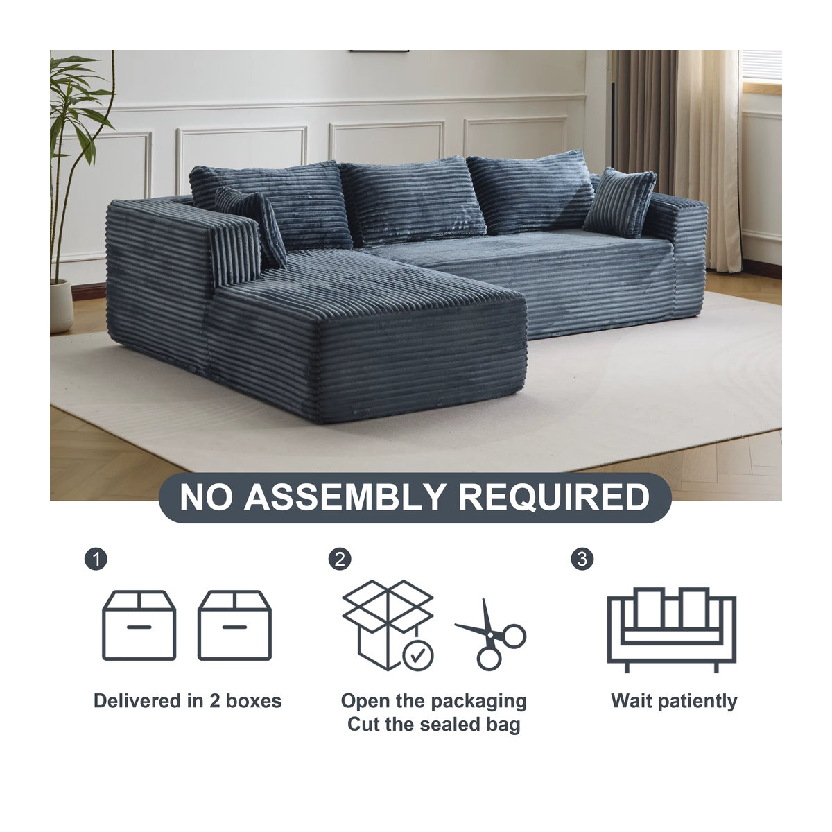 Vankel Modernes 3-Sitzer Cord-Sofa in Blau, L-förmiges Stoffsofa mit Kissen - Bild 3
