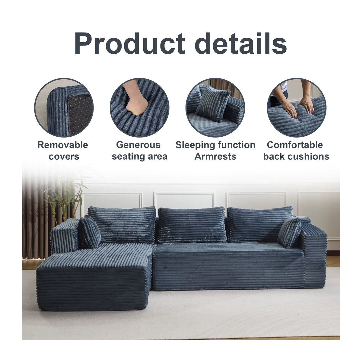 Vankel Modernes 3-Sitzer Cord-Sofa in Blau, L-förmiges Stoffsofa mit Kissen - Bild 4