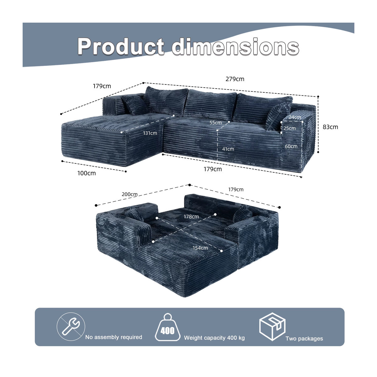 Vankel Modernes 3-Sitzer Cord-Sofa in Blau, L-förmiges Stoffsofa mit Kissen - Bild 5