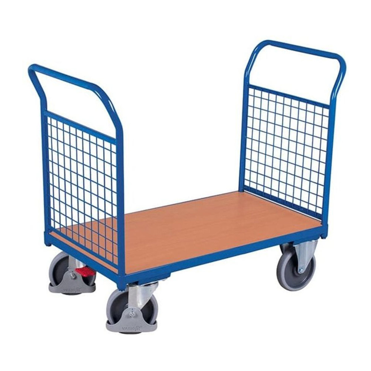 VARIOfit Doppel-Stirnwandwagen mit Drahtgitter aus Stahl und MDF-Platte in Enzianblau/Buche-Dekor, B: 600 mm, L: 1000 mm, Traglast bis 500 kg - Bild 1