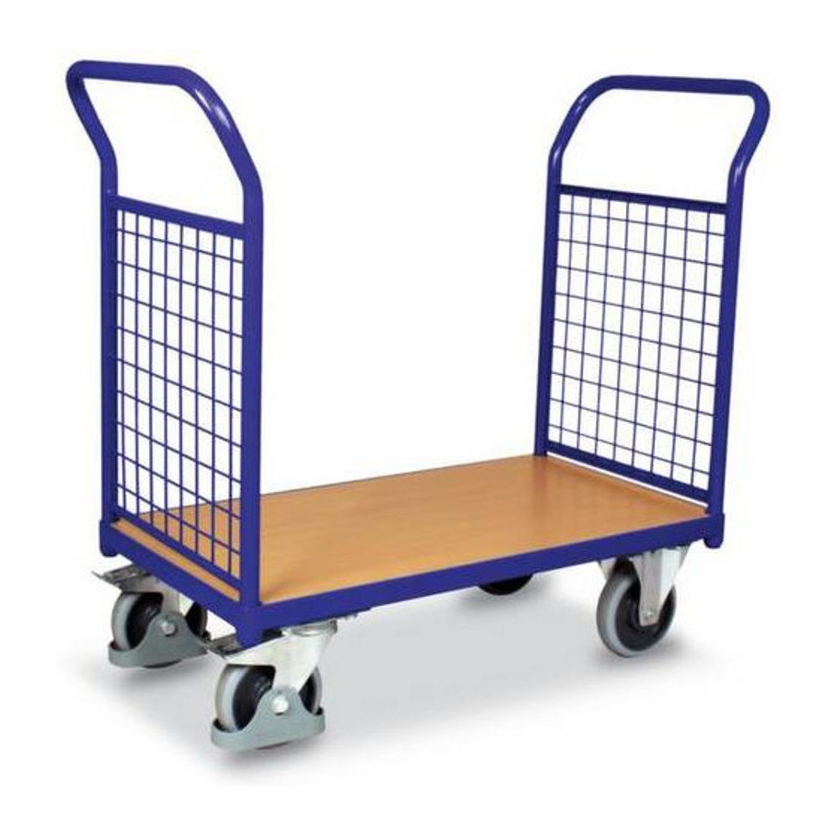 VARIOfit Doppel-Stirnwandwagen mit Drahtgitter aus Stahl und MDF-Platte in Enzianblau/Buche-Dekor, B: 600 mm, L: 1000 mm, Traglast bis 500 kg - Bild 2