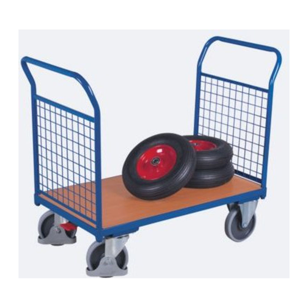VARIOfit Doppel-Stirnwandwagen mit Drahtgitter aus Stahl und MDF-Platte in Enzianblau/Buche-Dekor, B: 600 mm, L: 1000 mm, Traglast bis 500 kg - Bild 3