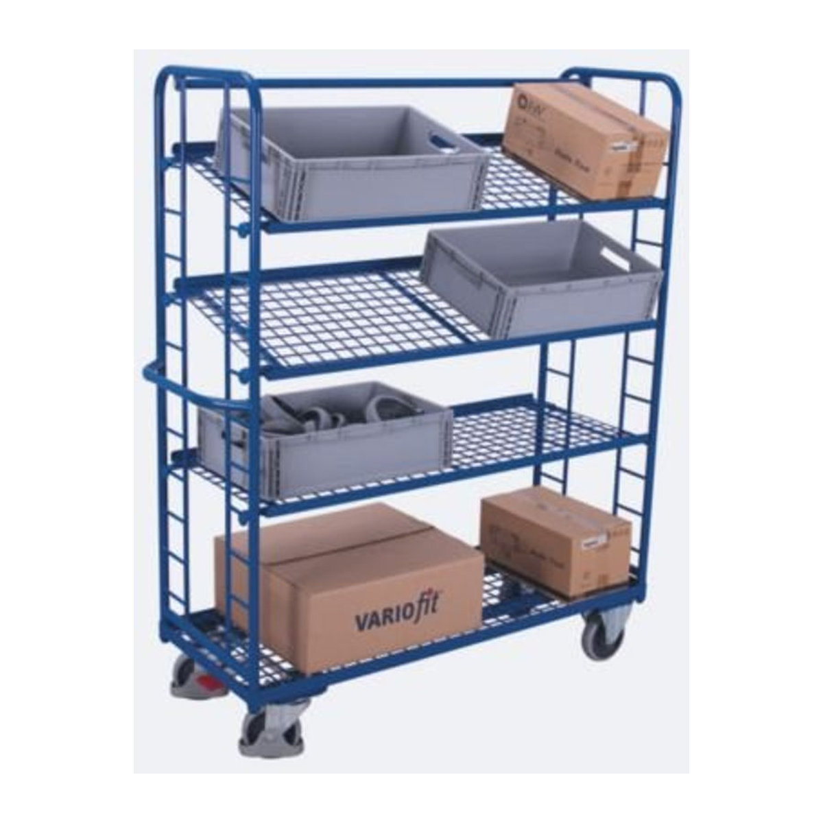 VARIOfit Etagenwagen aus Stahl in Blau mit 4 Etagen und Drahtgitterböden B/H/T: 165 x 65 x 79 cm - Bild 3