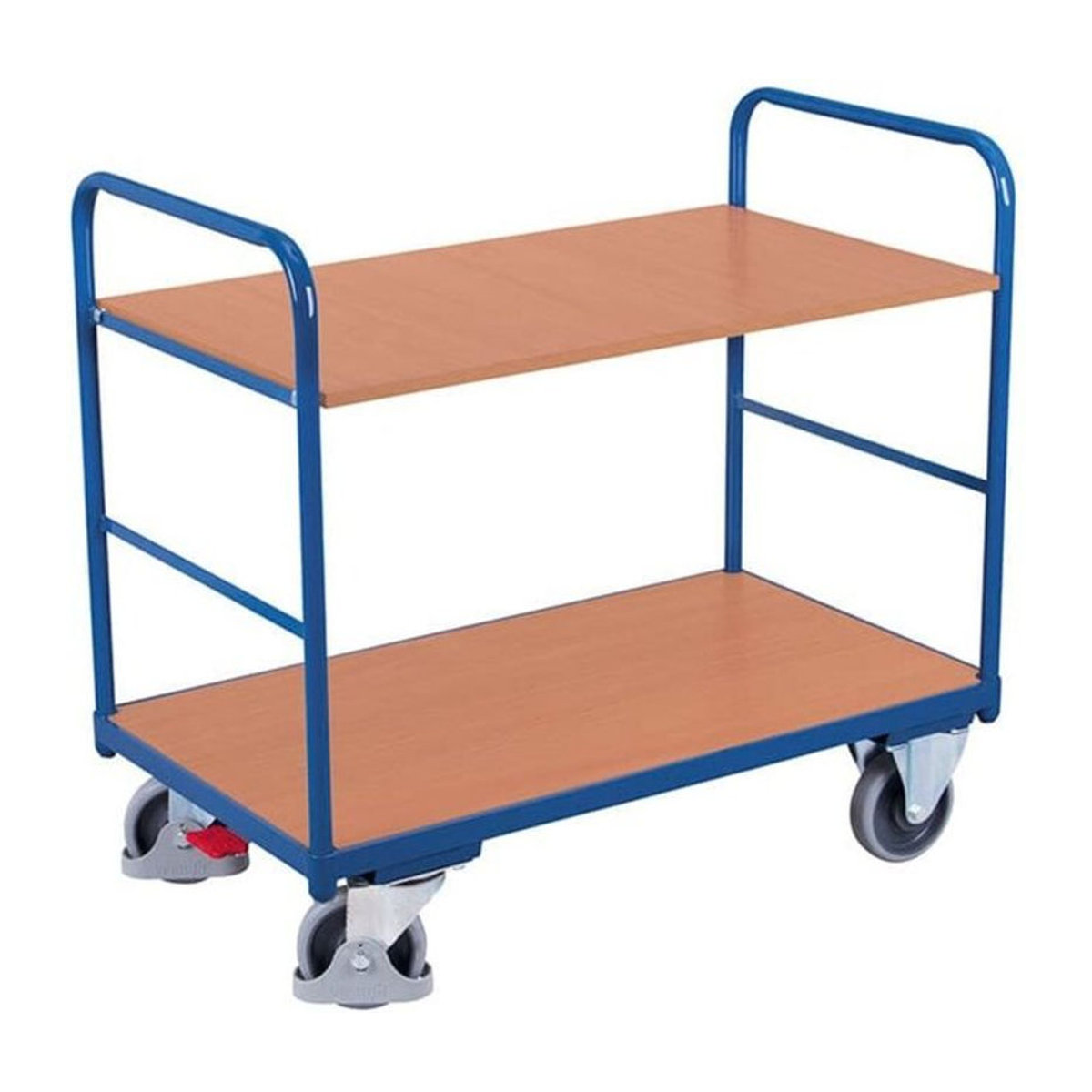 VARIOfit Etagenwagen mit 2 Etagen aus Stahl und MDF-Platte, Enzianblau/Buche-Dekor, B/T: 850 x 500 mm - Bild 1