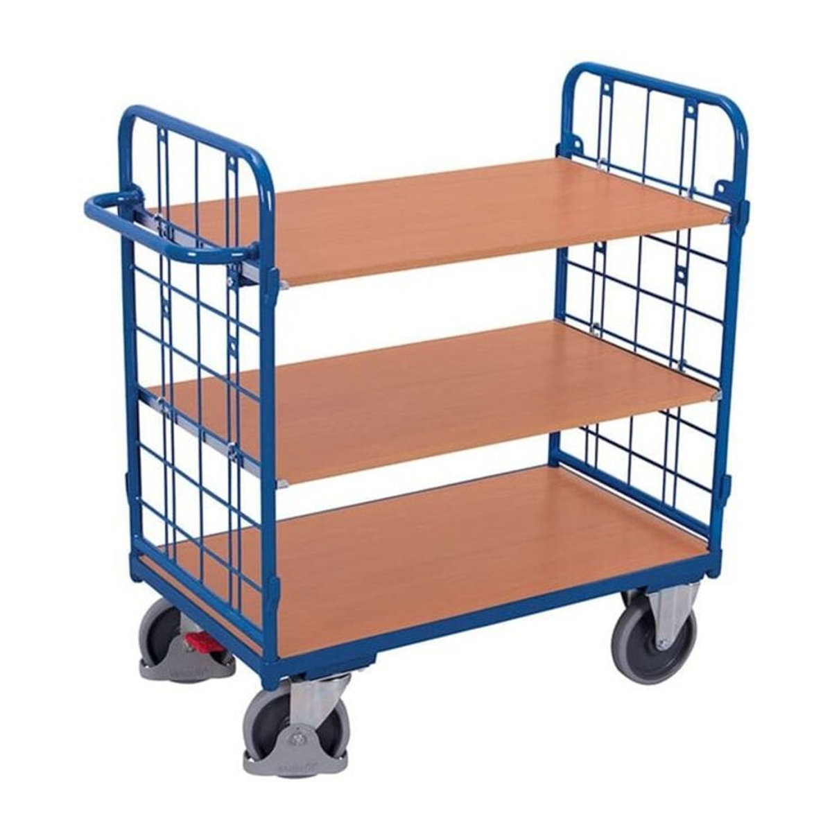 VARIOfit Etagenwagen mit 3 Etagen aus Stahl und MDF-Platte in Enzianblau und Buche-Dekor, B/T: 1200 x 800 mm, Traglast bis 500 kg - Bild 1