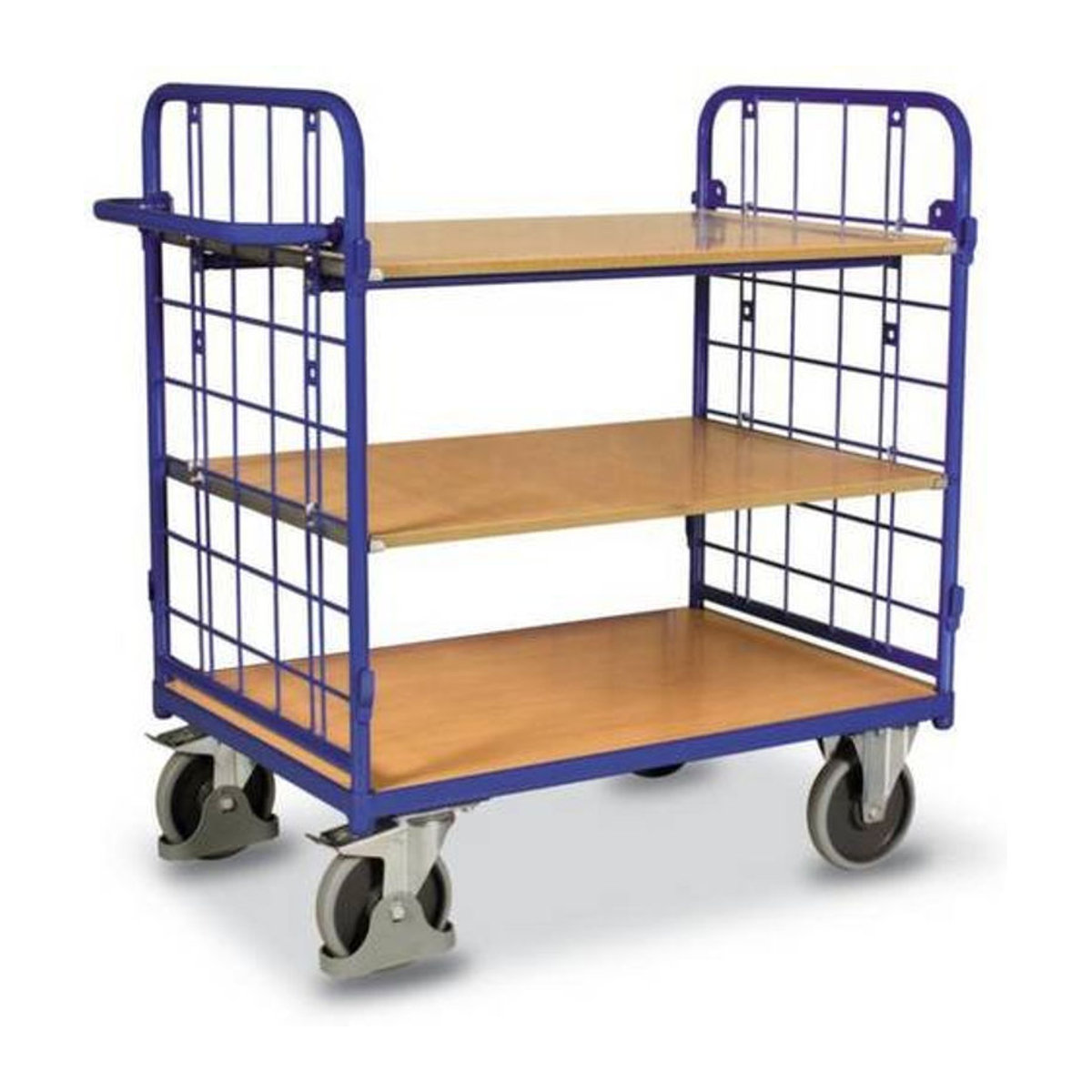 VARIOfit Etagenwagen mit 3 Etagen aus Stahl und MDF-Platte in Enzianblau und Buche-Dekor, B/T: 1200 x 800 mm, Traglast bis 500 kg - Bild 3