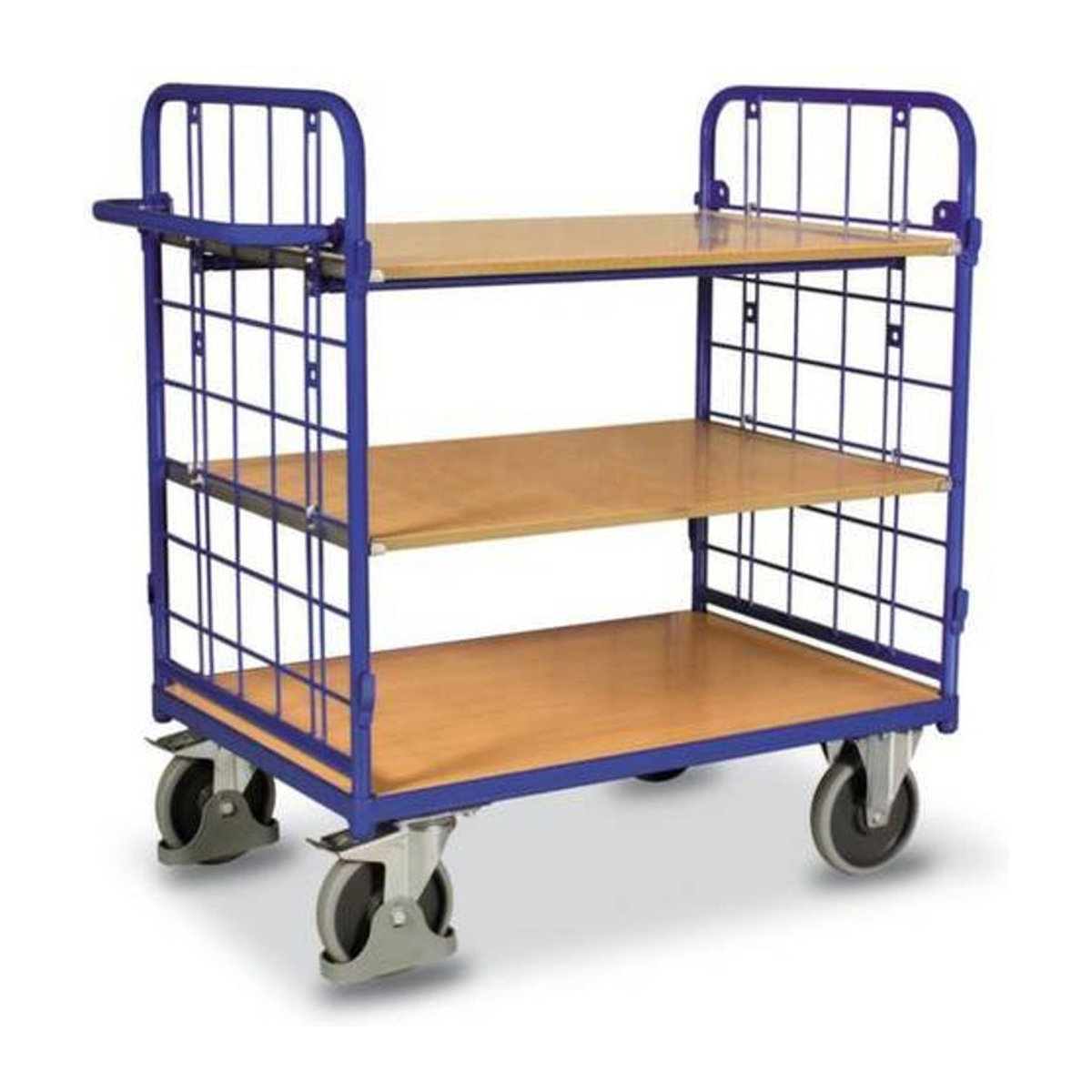 VARIOfit Etagenwagen mit 3 Etagen aus Stahl und MDF-Platten in Enzianblau und Buche-Dekor, B/T: 1000 x 700 mm - Bild 3