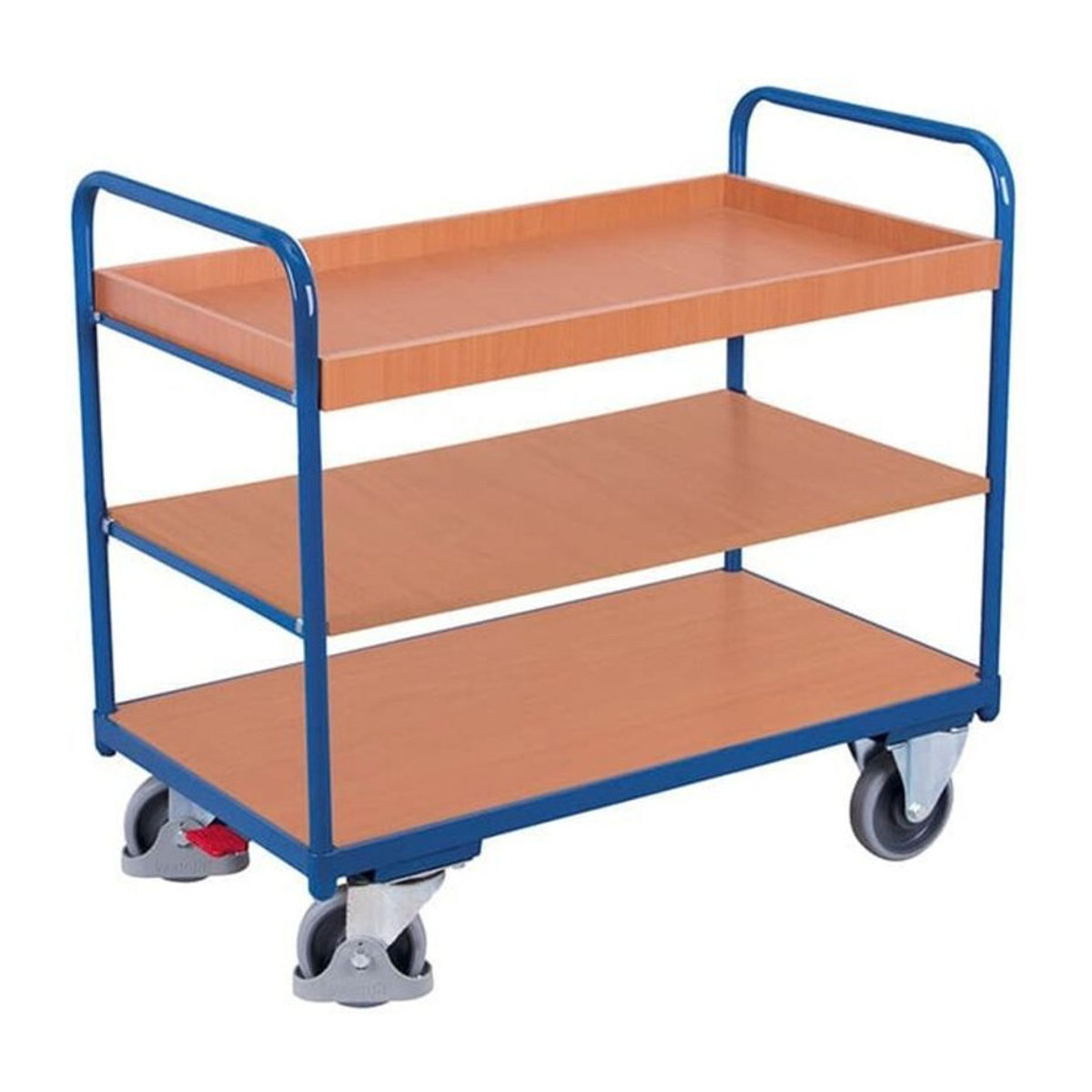 VARIOfit Etagenwagen mit 3 Ladeflächen aus Stahl und MDF-Platte, Enzianblau/Buche-Dekor, B/T: 1000 x 600 mm - Bild 1