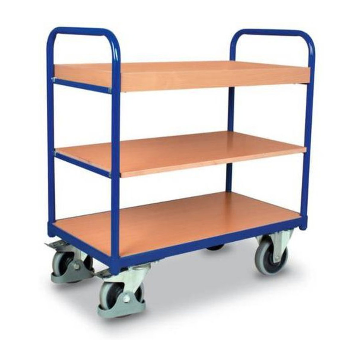 VARIOfit Etagenwagen mit 3 Ladeflächen aus Stahl und MDF-Platte, Enzianblau/Buche-Dekor, B/T: 1000 x 600 mm - Bild 2