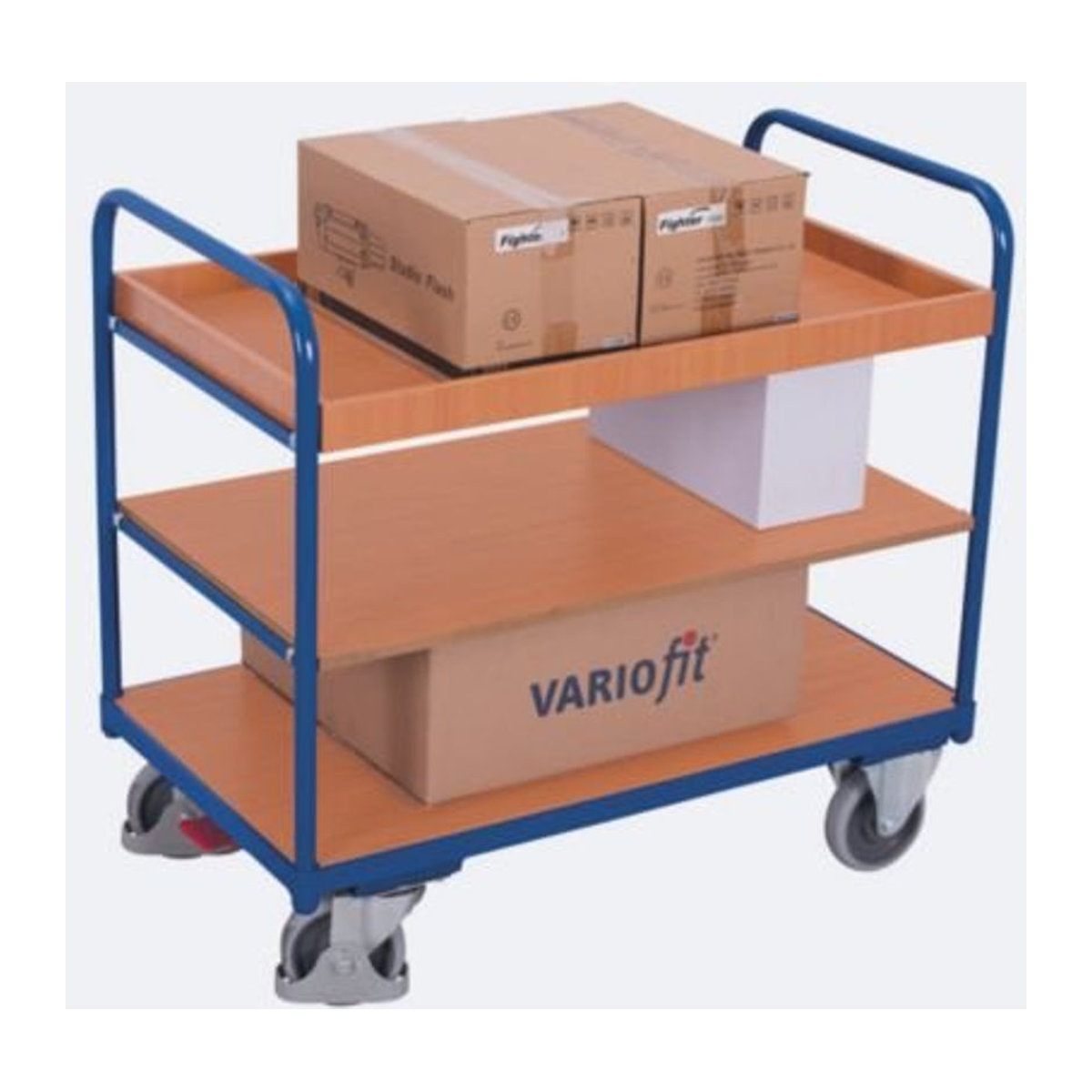 VARIOfit Etagenwagen mit 3 Ladeflächen aus Stahl und MDF-Platte, Enzianblau/Buche-Dekor, B/T: 1000 x 600 mm - Bild 3