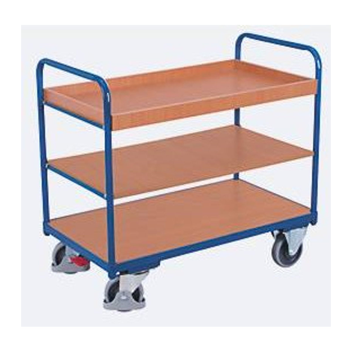 VARIOfit Etagenwagen mit 3 Ladeflächen aus Stahl und MDF-Platte, Enzianblau/Buche-Dekor, B/T: 1000 x 600 mm - Bild 4