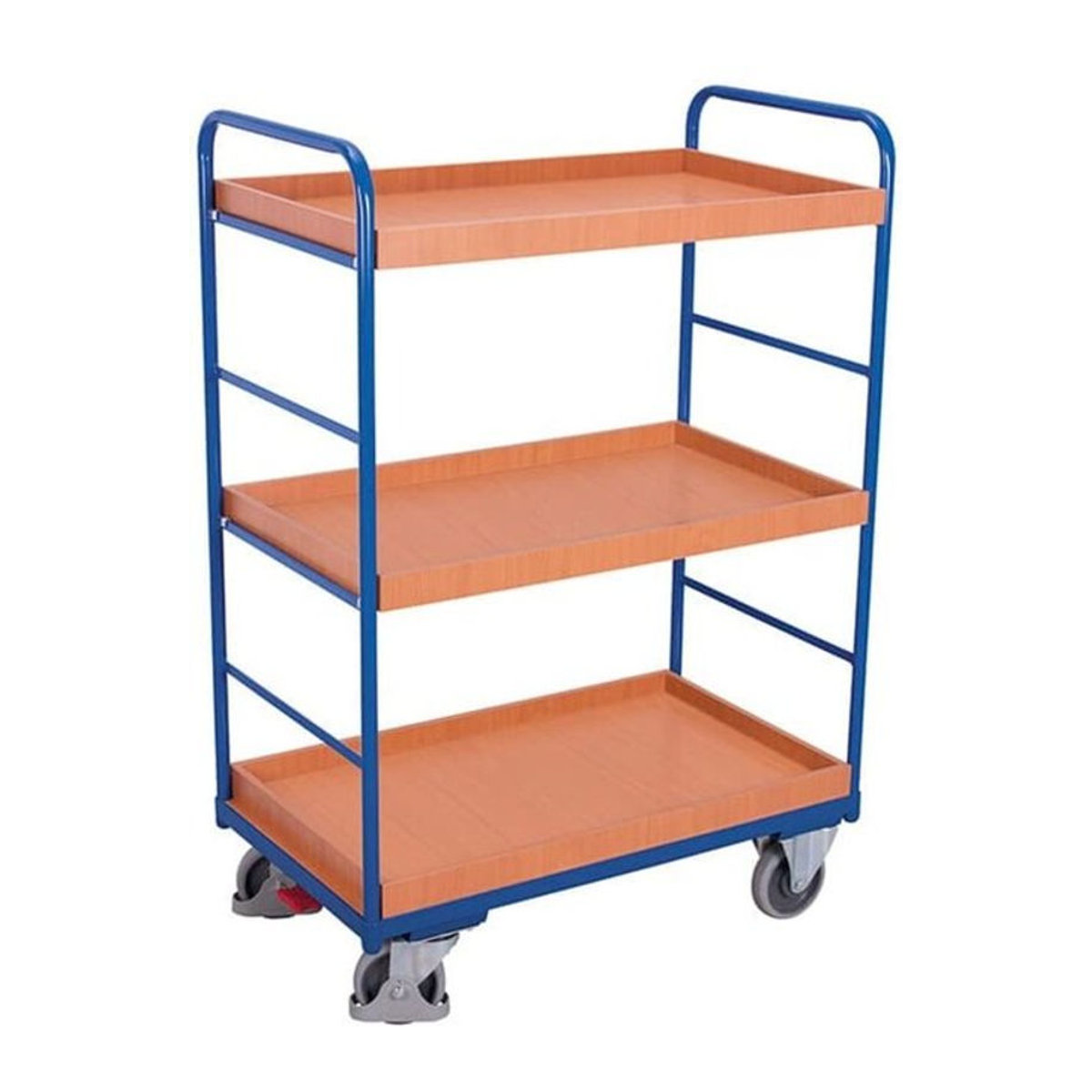 VARIOfit Etagenwagen mit 3 Ladeflächen aus Stahl und MDF-Platten in Enzianblau und Buche-Dekor, Traglast bis 250 kg, B/T: 96,5 x 55,5 cm - Bild 1
