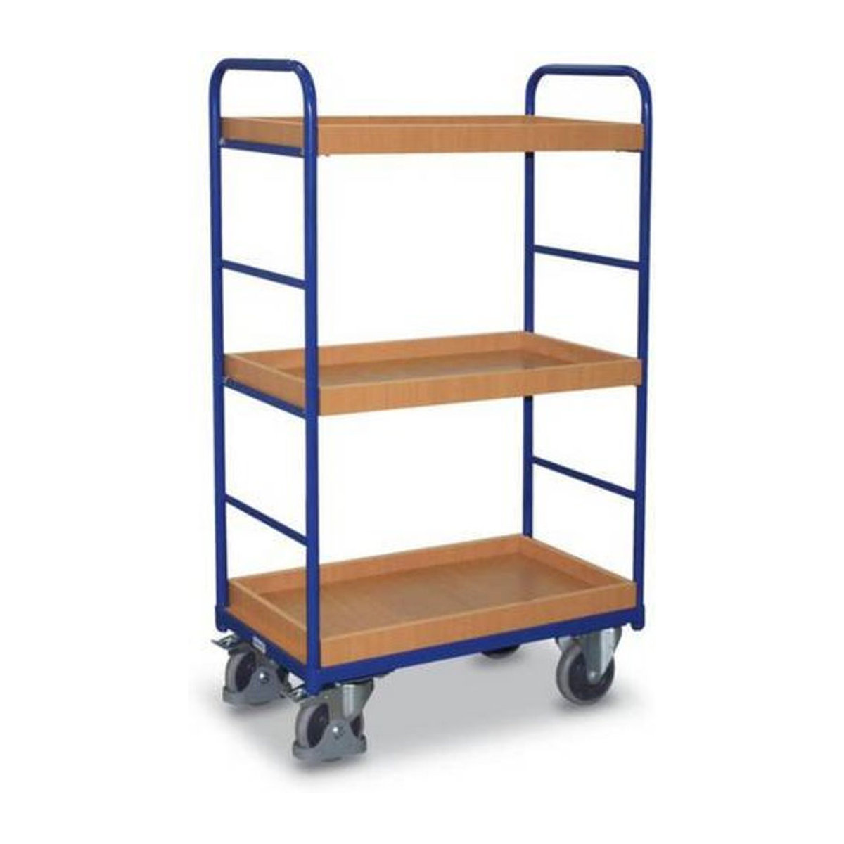 VARIOfit Etagenwagen mit 3 Ladeflächen aus Stahl und MDF-Platten in Enzianblau und Buche-Dekor, Traglast bis 250 kg, B/T: 96,5 x 55,5 cm - Bild 2