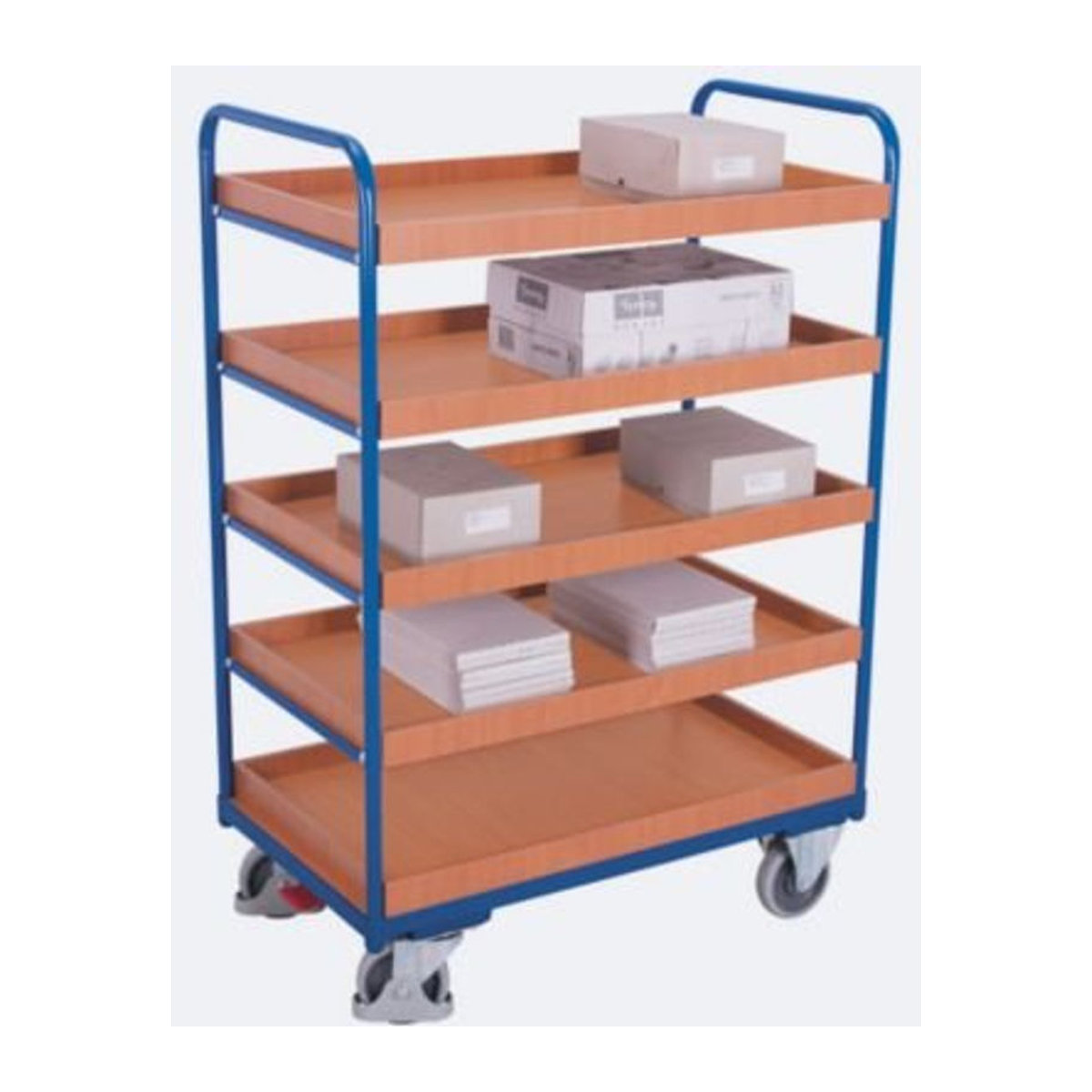 VARIOfit Etagenwagen mit 5 Etagen aus Stahl und MDF-Platte in Blau und Buche-Dekor, B/T: 81,5 x 45,5 cm - Bild 3