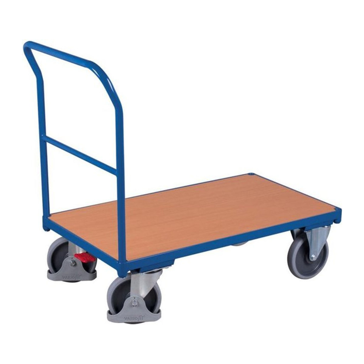 Variofit Schiebebügelwagen aus Stahl und MDF-Platte in Enzianblau/Buche-Dekor mit TPE-Rollen und EasySTOP, Traglast bis 500 kg, B: 700 mm, L: 1030 mm - Bild 1