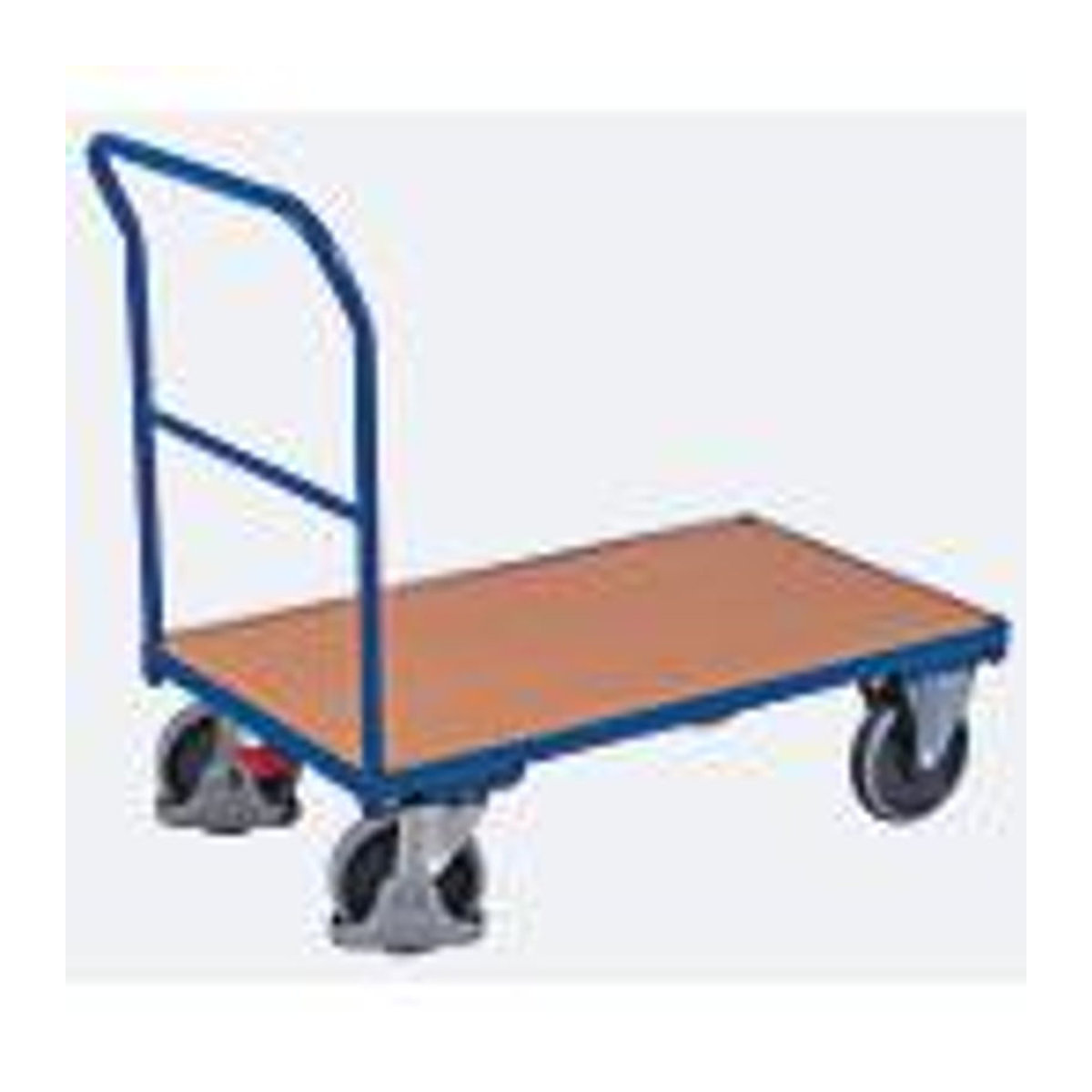 Variofit Schiebebügelwagen aus Stahl und MDF-Platte in Enzianblau/Buche-Dekor mit TPE-Rollen und EasySTOP, Traglast bis 500 kg, B: 700 mm, L: 1030 mm - Bild 2