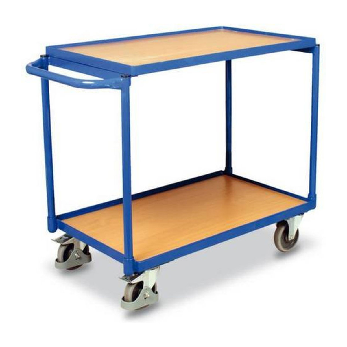 VARIOfit SW-500.501 Tischwagen aus Stahl und MDF mit 2 Etagen in Enzianblau und Buche-Dekor, B: 50,5 cm, L: 83,5 cm, Traglast bis 250 kg - Bild 1