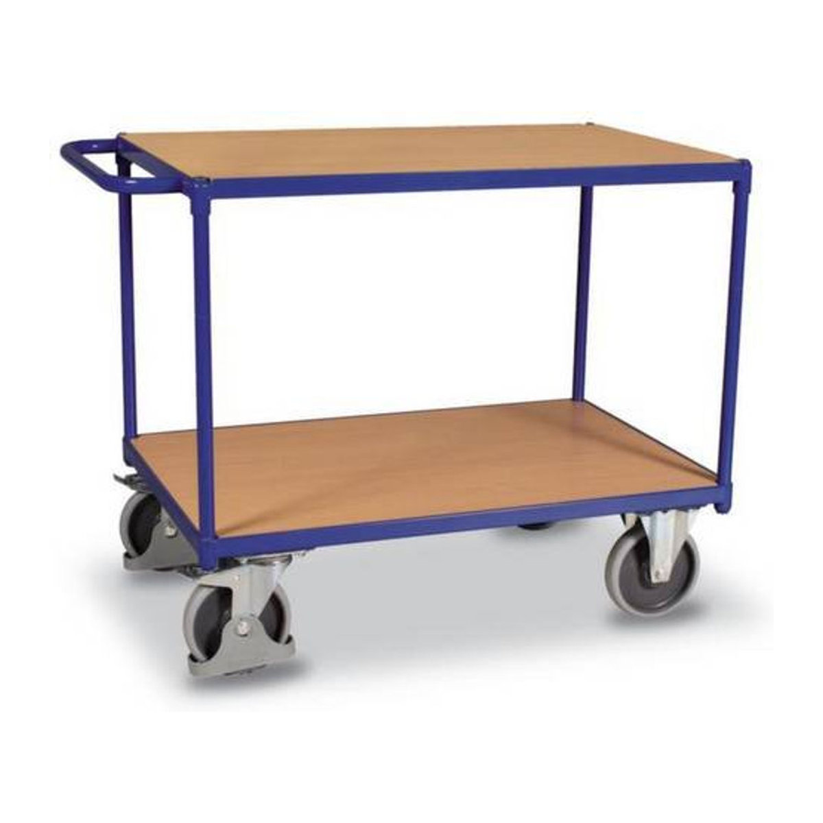 VARIOfit SW-700.500 Tischwagen aus Stahl und Holzwerkstoff in Enzianblau mit 2 Etagen und EasySTOP-Rollen, Traglast bis 500 kg, B: 700 cm, L: 1000 cm - Bild 1