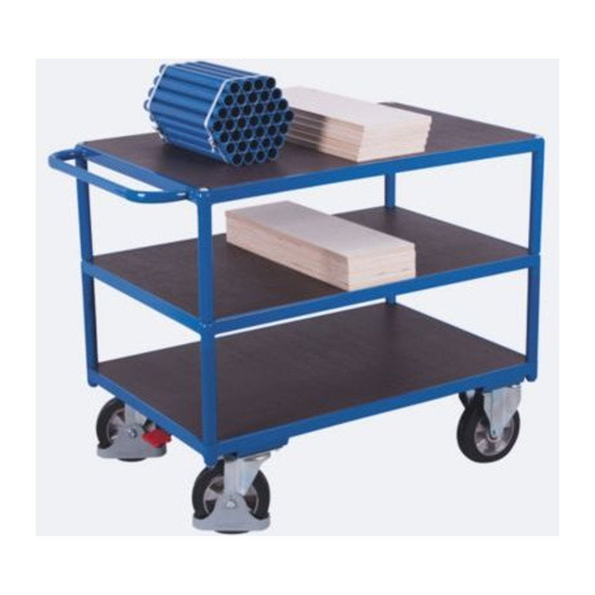 VARIOfit SW-700.617 Schwerlast-Tischwagen aus Stahl mit Siebdruckplatte, 3 Etagen, Enzianblau, B: 700 mm, L: 995 mm, Traglast bis 1000 kg - Bild 2