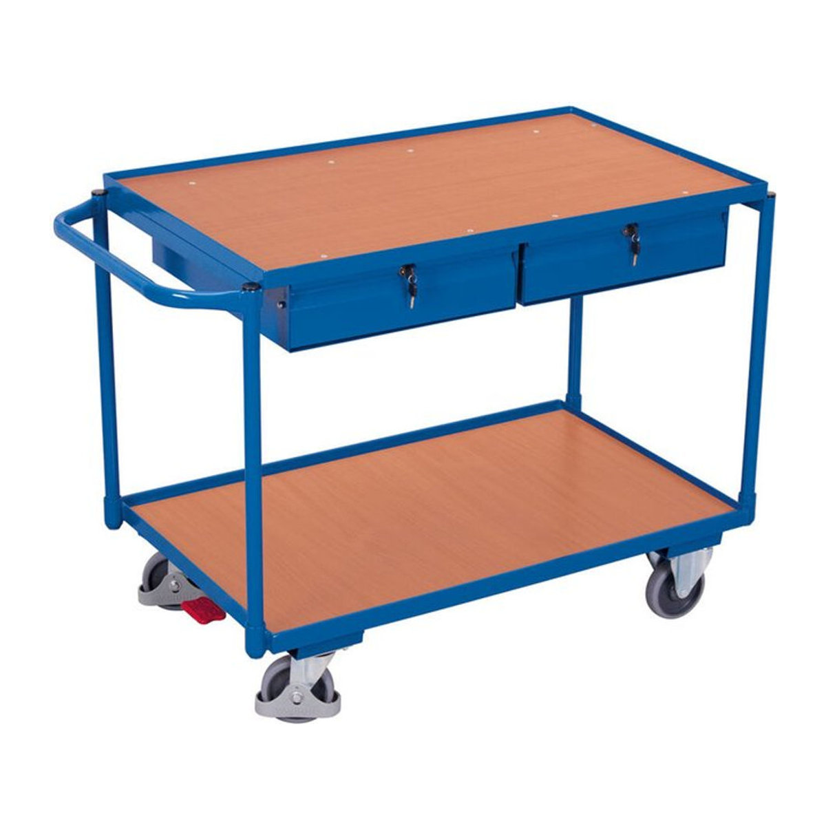 VARIOfit Tischwagen aus Stahl und Holzwerkstoff mit 2 Schubladen und 2 Etagen in Blau und Buche-Dekor, B: 60,5 cm, L: 98,5 cm - Bild 1