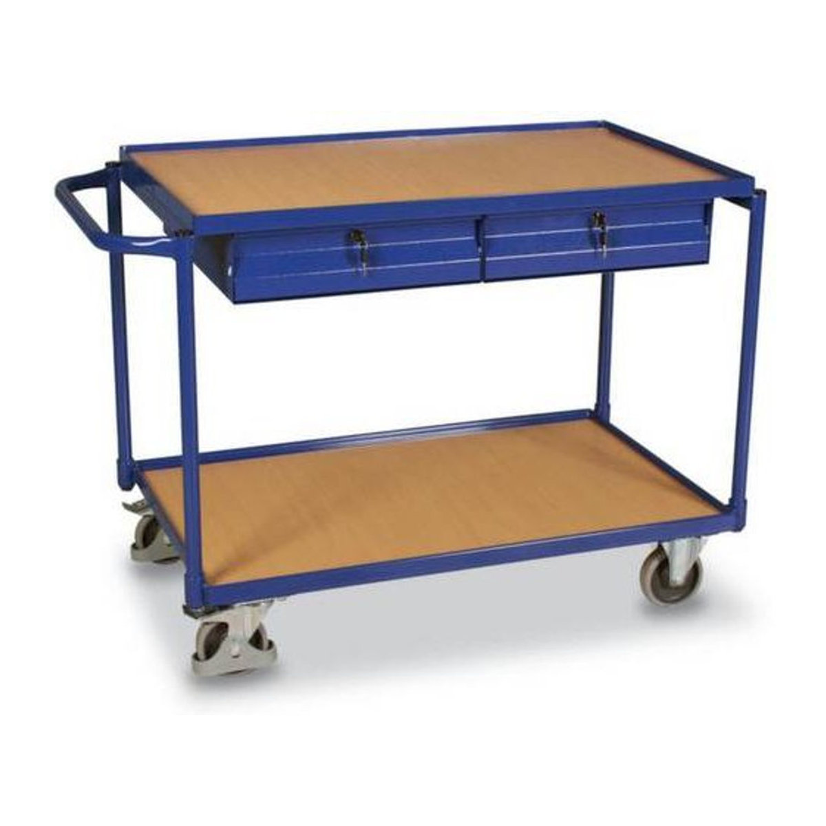 VARIOfit Tischwagen aus Stahl und Holzwerkstoff mit 2 Schubladen und 2 Etagen in Blau und Buche-Dekor, B: 60,5 cm, L: 98,5 cm - Bild 2