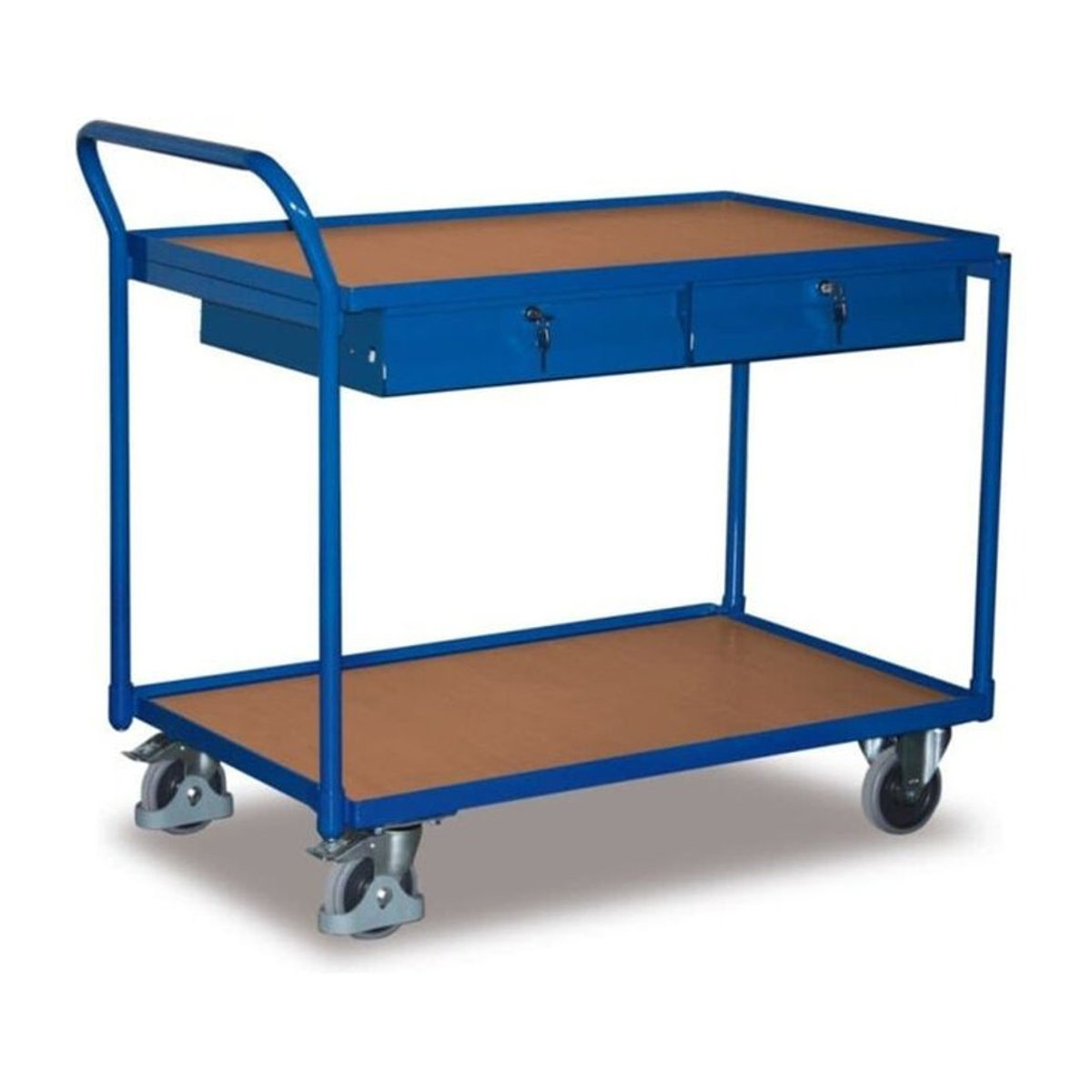 VARIOfit Tischwagen aus Stahl und MDF mit 2 Schubladen und 2 Etagen in Blau und Buche-Dekor, B: 60,5 cm, L: 98,5 cm - Bild 1