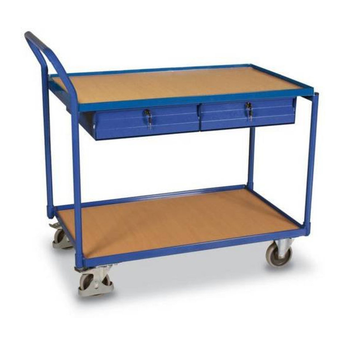 VARIOfit Tischwagen aus Stahl und MDF mit 2 Schubladen und 2 Etagen in Blau und Buche-Dekor, B: 60,5 cm, L: 98,5 cm - Bild 2