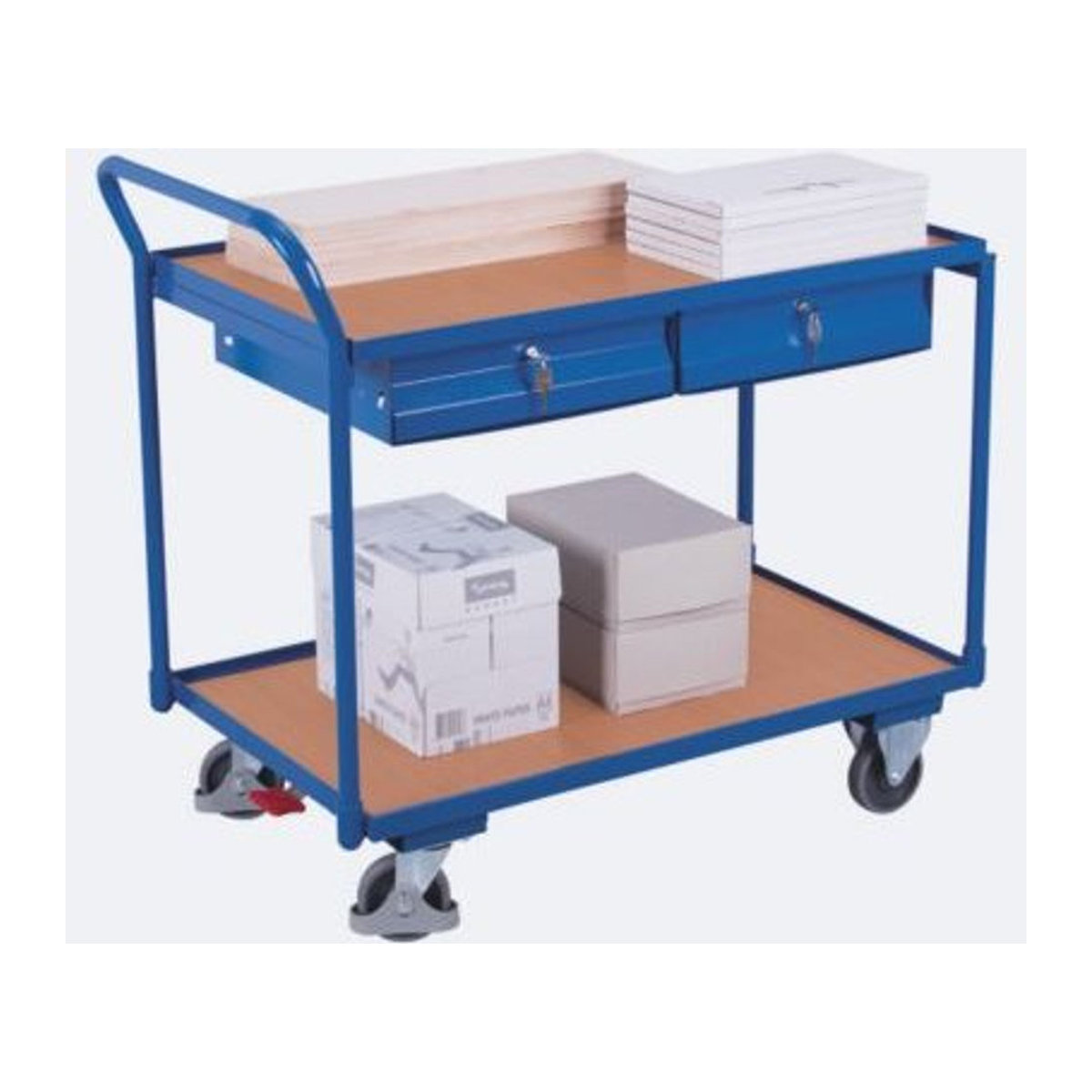 VARIOfit Tischwagen aus Stahl und MDF mit 2 Schubladen und 2 Etagen in Blau und Buche-Dekor, B: 60,5 cm, L: 98,5 cm - Bild 3