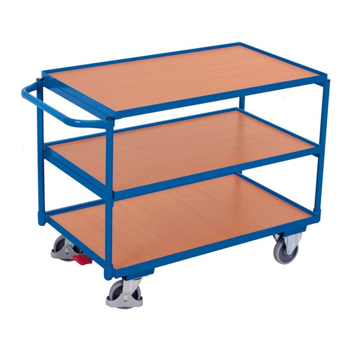 VARIOfit Tischwagen mit 3 Ladeflächen aus Stahl und MDF-Platten in Enzianblau und Buche-Dekor, B: 60,5 cm, L: 98,5 cm - Bild 1
