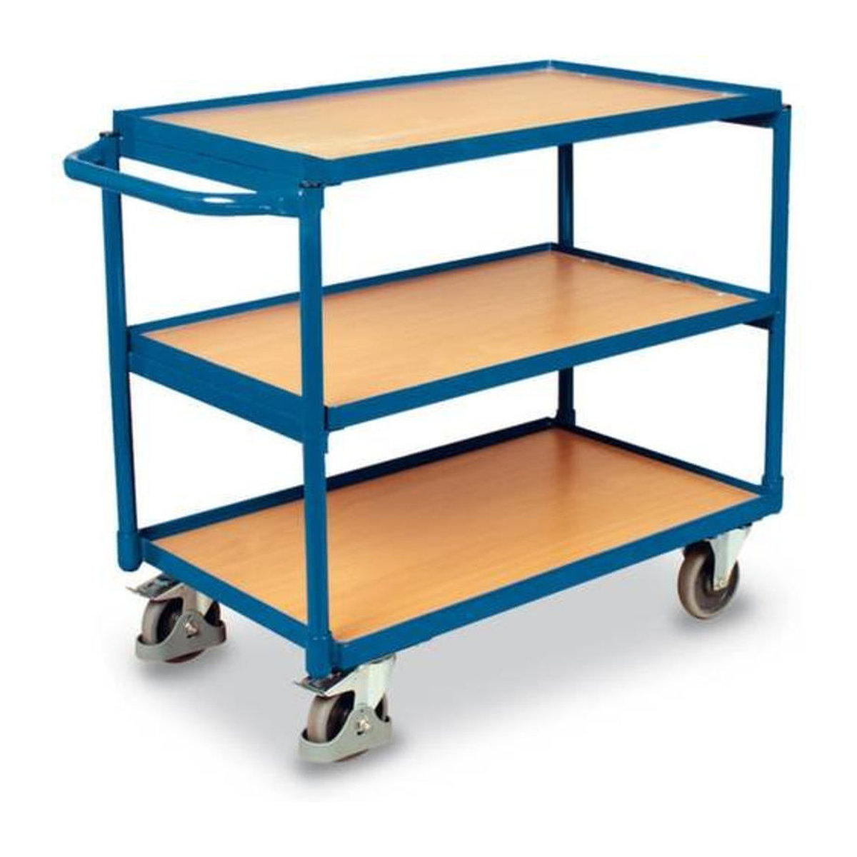 VARIOfit Tischwagen mit 3 Ladeflächen aus Stahl und MDF-Platten in Enzianblau und Buche-Dekor, B: 60,5 cm, L: 98,5 cm - Bild 2