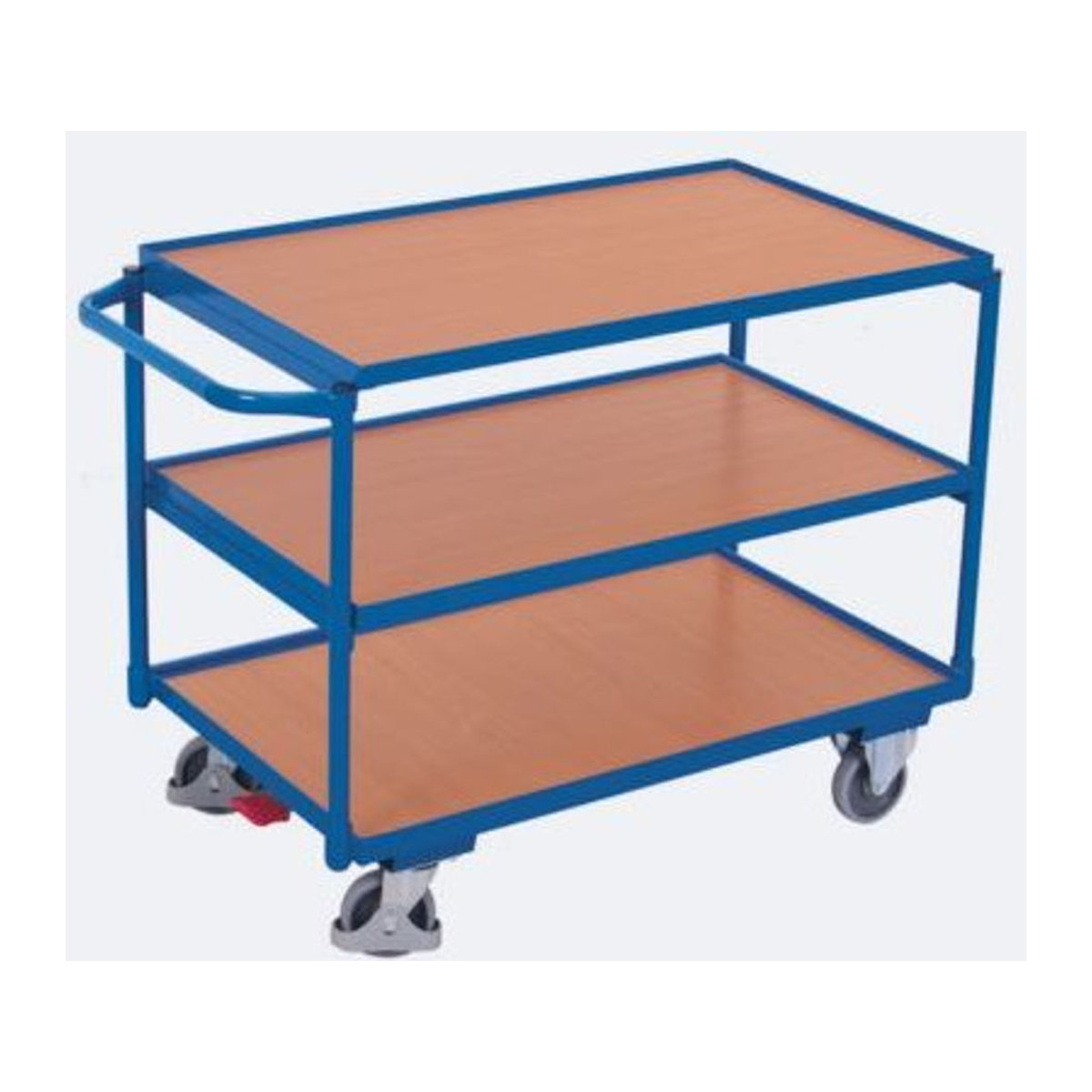VARIOfit Tischwagen mit 3 Ladeflächen aus Stahl und MDF-Platten in Enzianblau und Buche-Dekor, B: 60,5 cm, L: 98,5 cm - Bild 3