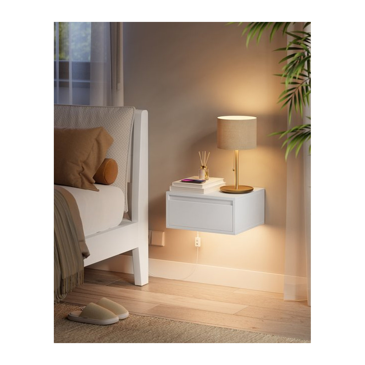 VASAGLE 2er Set hängende Nachttische in Weiß mit Schublade und integrierter Leuchte in 3 Farben im modernen Design - Bild 1