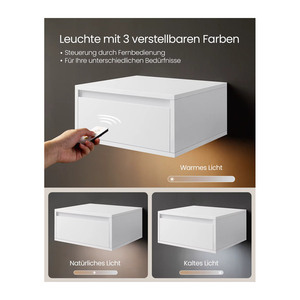 VASAGLE 2er Set hängende Nachttische in Weiß mit Schublade und integrierter Leuchte in 3 Farben im modernen Design - Bild 3
