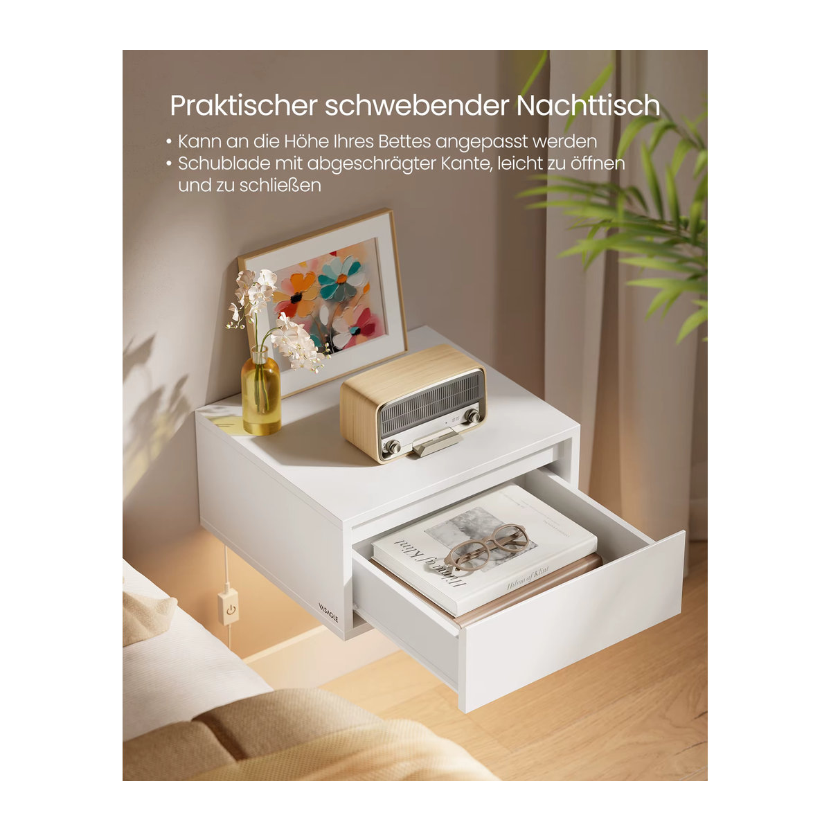 VASAGLE 2er Set hängende Nachttische in Weiß mit Schublade und integrierter Leuchte in 3 Farben im modernen Design - Bild 4