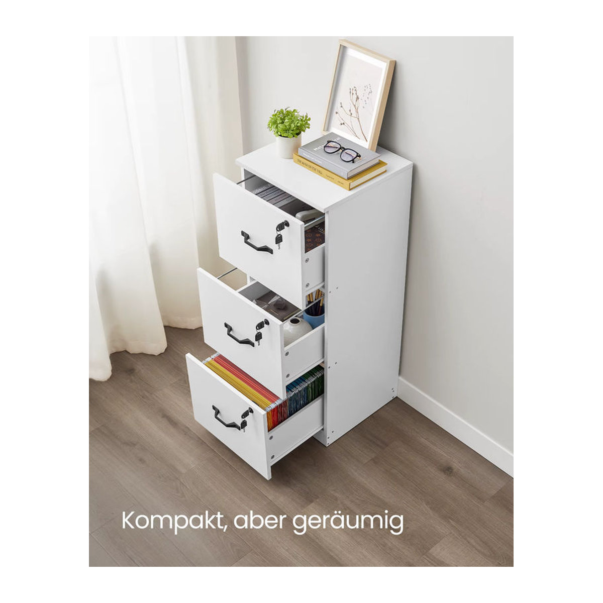 VASAGLE Aktenschrank in Weiß mit 3 abschließbaren Schubladen und verstellbarer Hängestange für dein Homeoffice - Bild 2