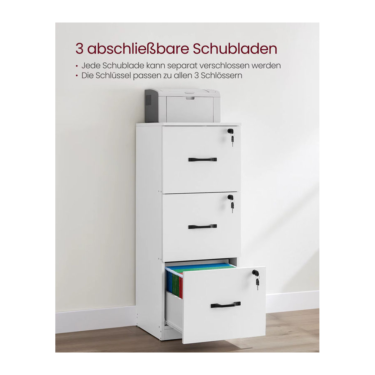 VASAGLE Aktenschrank in Weiß mit 3 abschließbaren Schubladen und verstellbarer Hängestange für dein Homeoffice - Bild 3