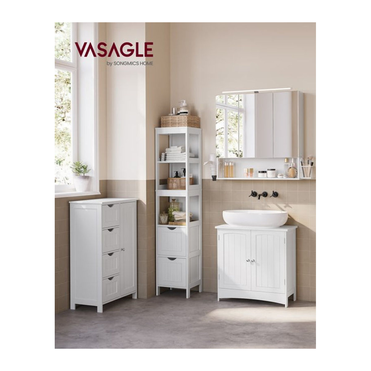 VASAGLE Badezimmer Möbel Set in Weiß: Moderner Spiegelschrank mit Beleuchtung, Waschbeckenunterschrank und Hochschrank aus Composite-Material - Bild 1